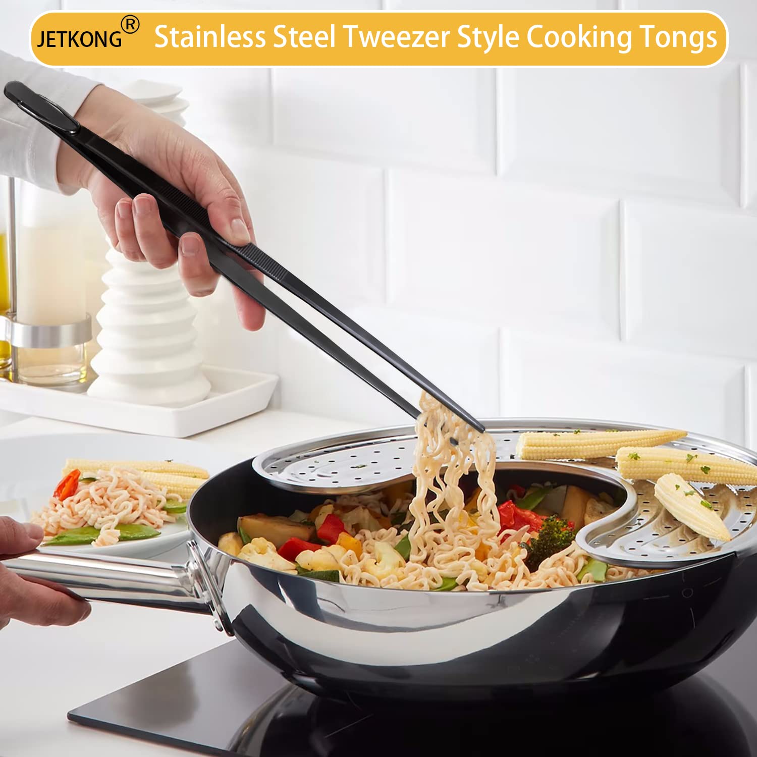 JETKONG Pinzas de cocina extralargas de acero inoxidable resistentes, juego de 3 (9, 12, 14 pulgadas, color negro)