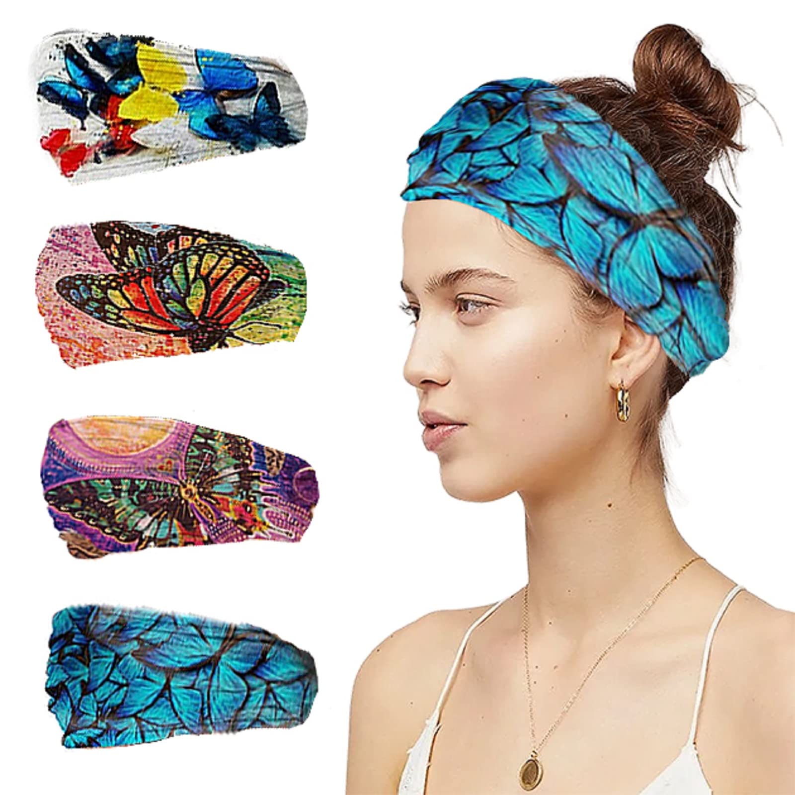 XING ZHONG Boho Headband Butterfly Wide Head Bands Thick Yoga Workout Headbands Stretchy Cloth Fashion Hair Bands Print Sports Fabric Tie Dye Hair Band Women Girls（4PCS）
