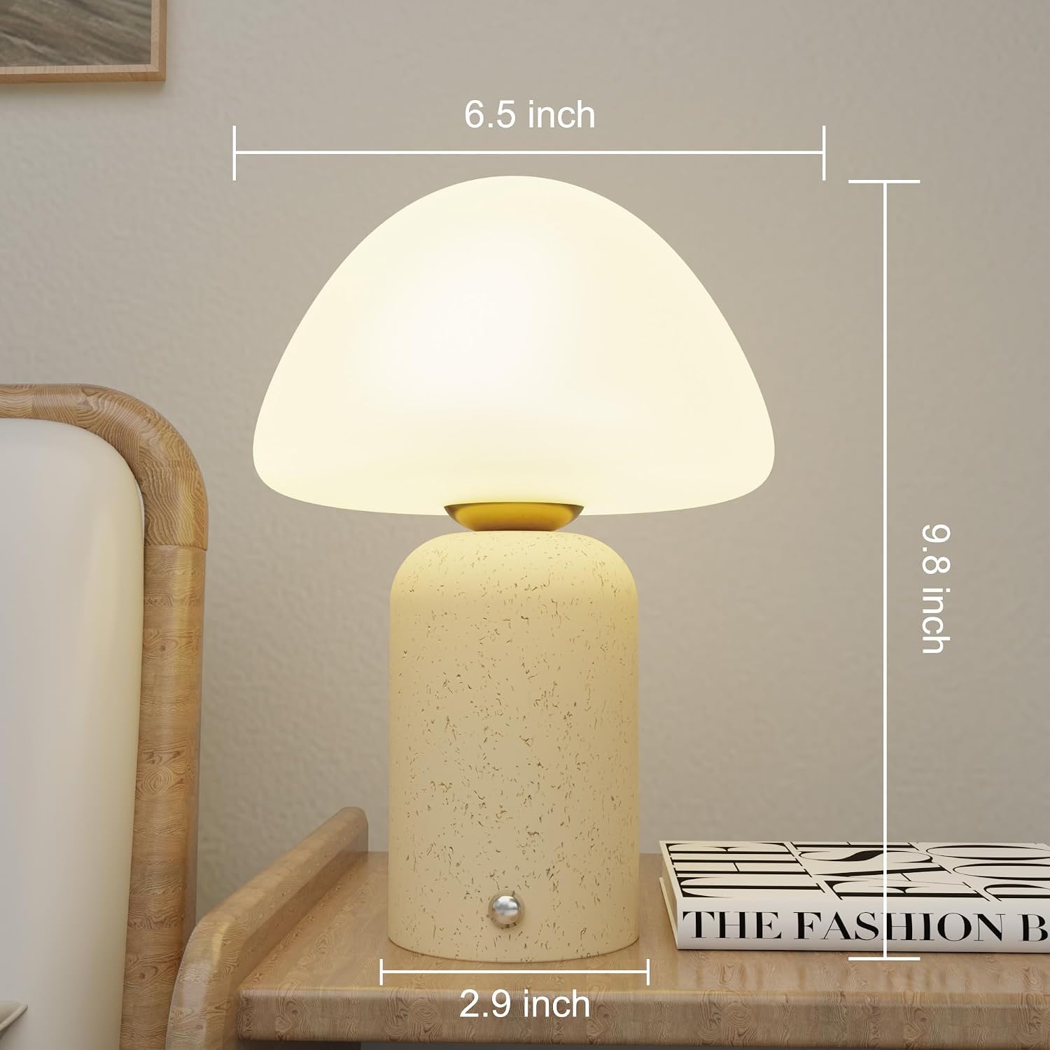 9.8 inch Mushroom Lamp, Cute Cordless Rechargeable Table Lamp with Glass Shade, 3 Color Temps LED Dimmable Ambient Lighting, Small Retro Touch Bedside Light for Decor, Resin Base.