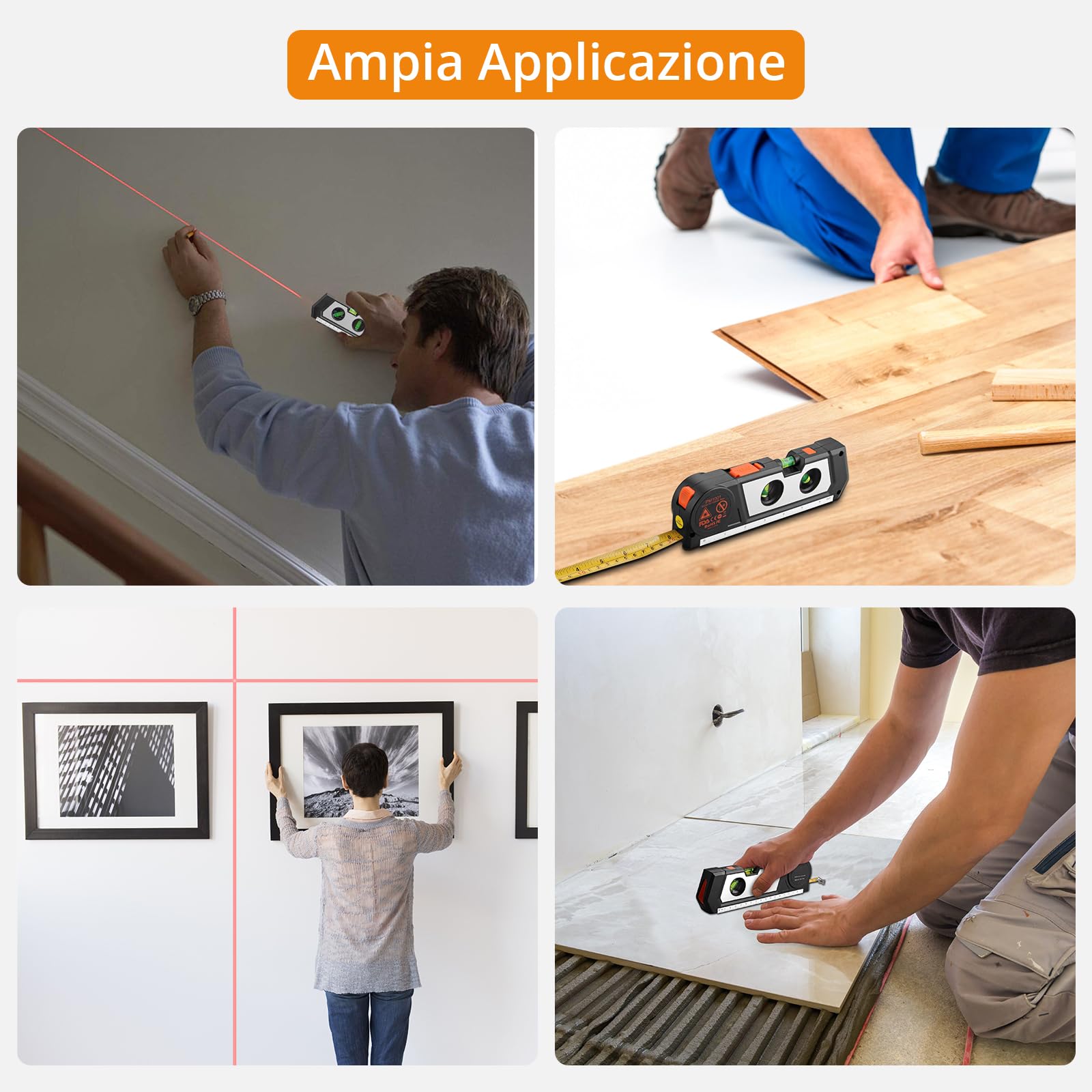 Neoteck Livella Laser 4 in 1 con 3m/9.8ft Metro Nastro+Livella+17cm Regolo Livella Laser Multiuso con Doppia Testa Laser Livello Laser a Infrarossi per Appendere Quadri Armadi Piastrelle e Pareti