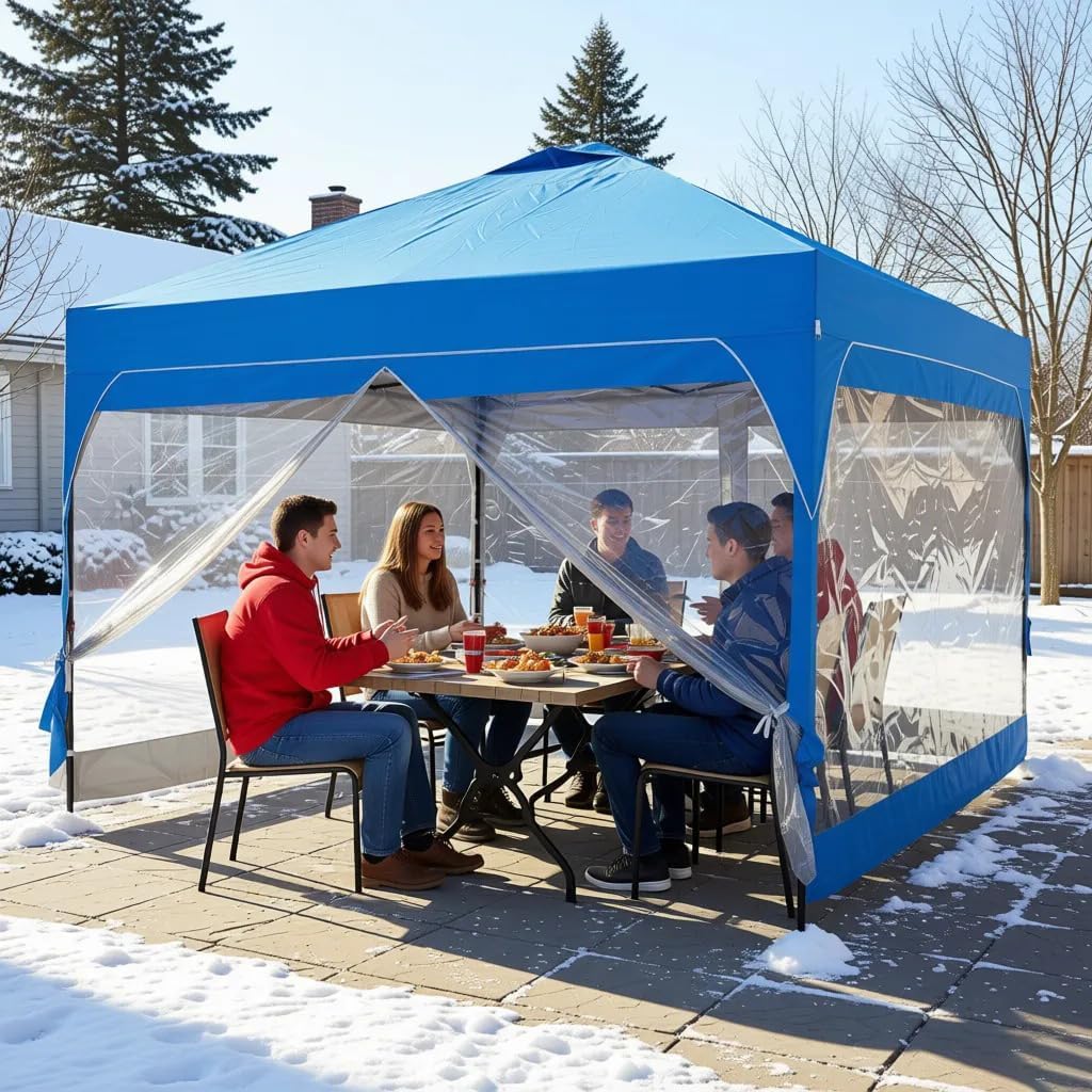 10x10 FT Pop Up Canopy with 4 Clear PVC Sidewalls, Instant 1-Button Push Canopy Tent for Outdoor Activities & Events