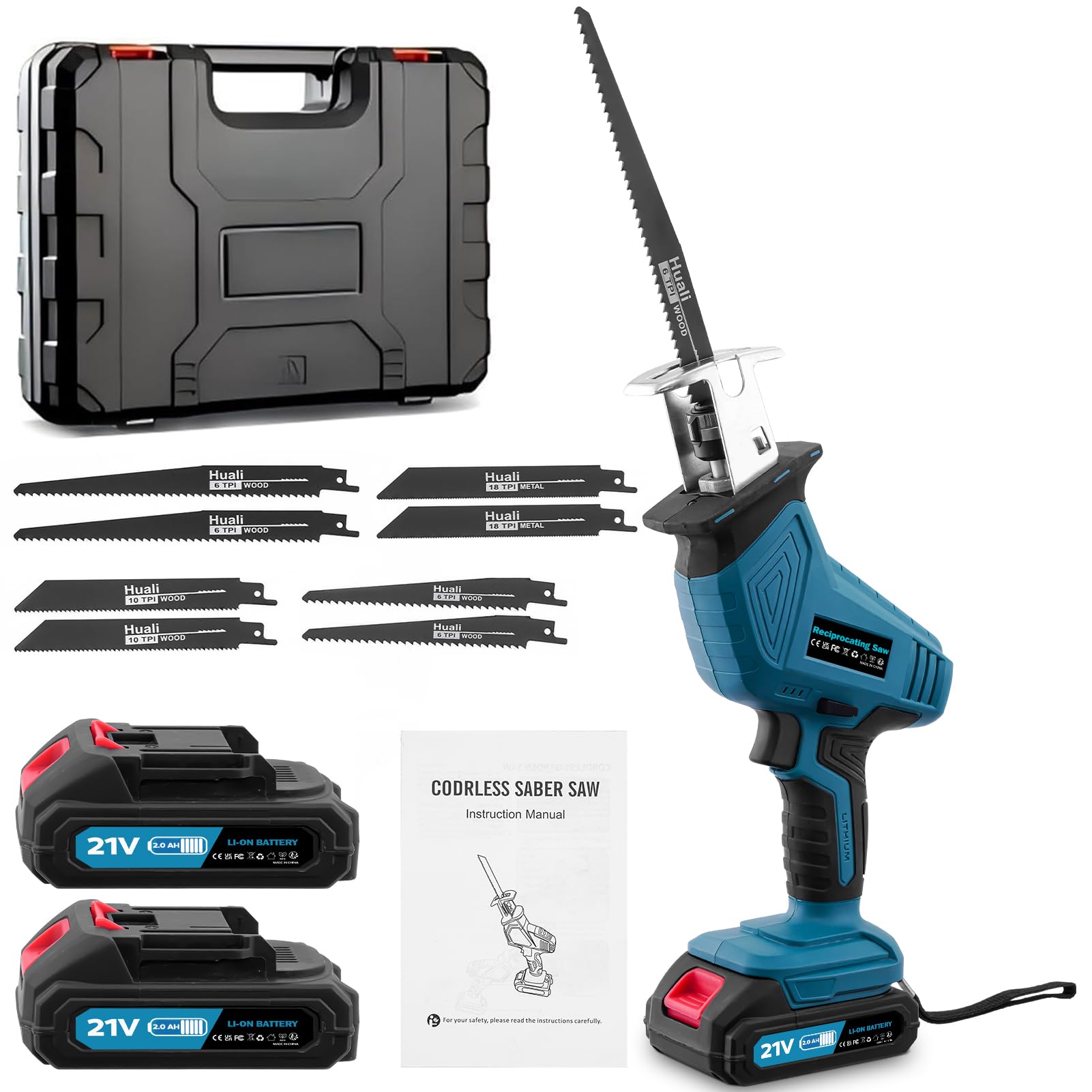Sierra de sable, batería de 21 V, 0-4000 RPM, 2 baterías de 2,0 Ah y cargador rápido, 8 hojas de sierra, luz LED, sierra eléctrica para madera, metal y tubos, sierra de mano eléctrica
