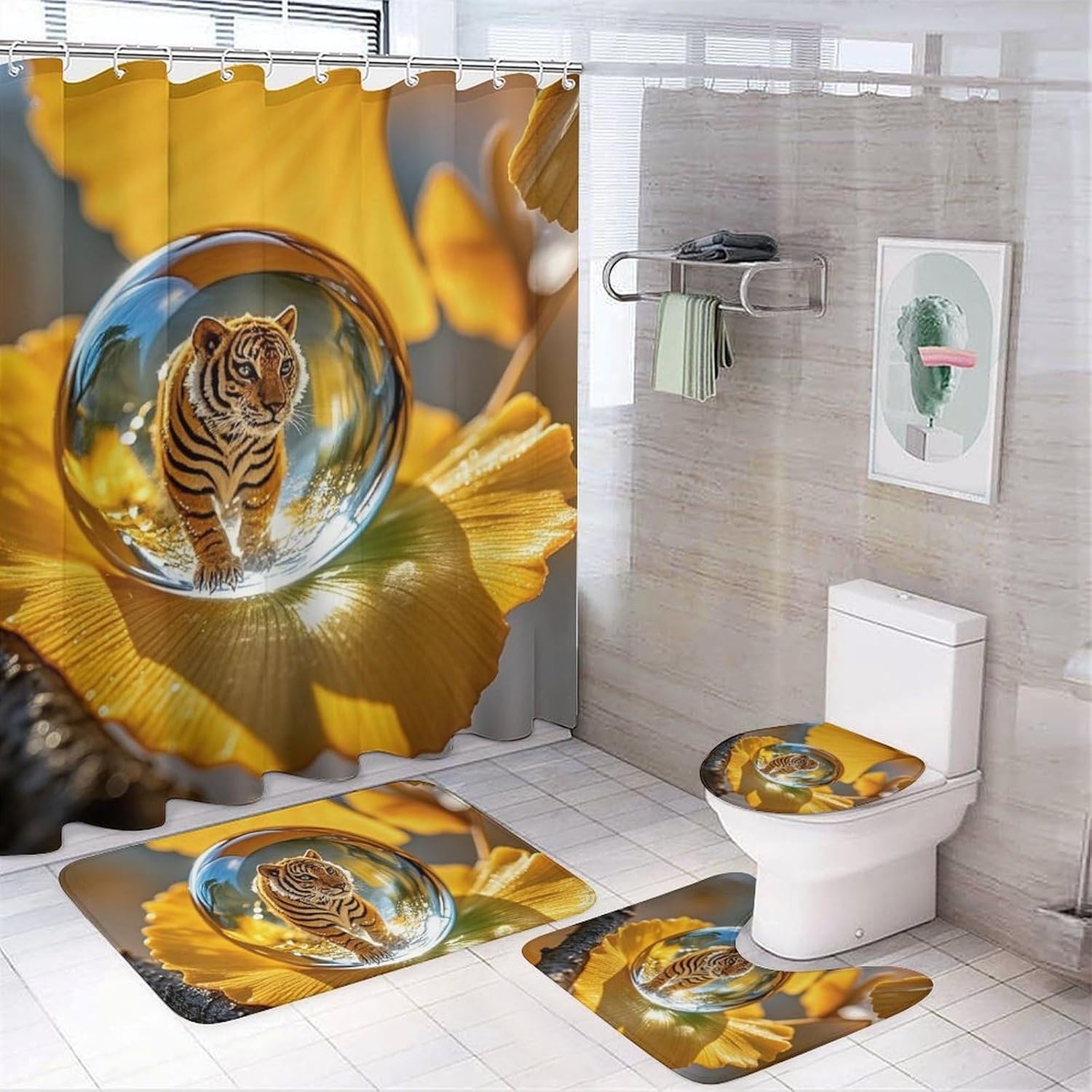 Crystal Tiger Shower Curtain Set 4 Piece, Non-Slip Bath Mat with Toilet Lid Cover and Waterproof Shower Curtain with 12 Hooks, Complete Bathroom Set for Home Decor