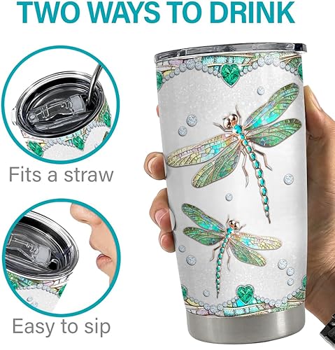 Miniatura 6 de SANDJEST Vaso de libélula personalizado de 20 onzas, 30 onzas, vasos aislados con tapa, taza de viaje de café para mujeres y niñas, dibujos de
