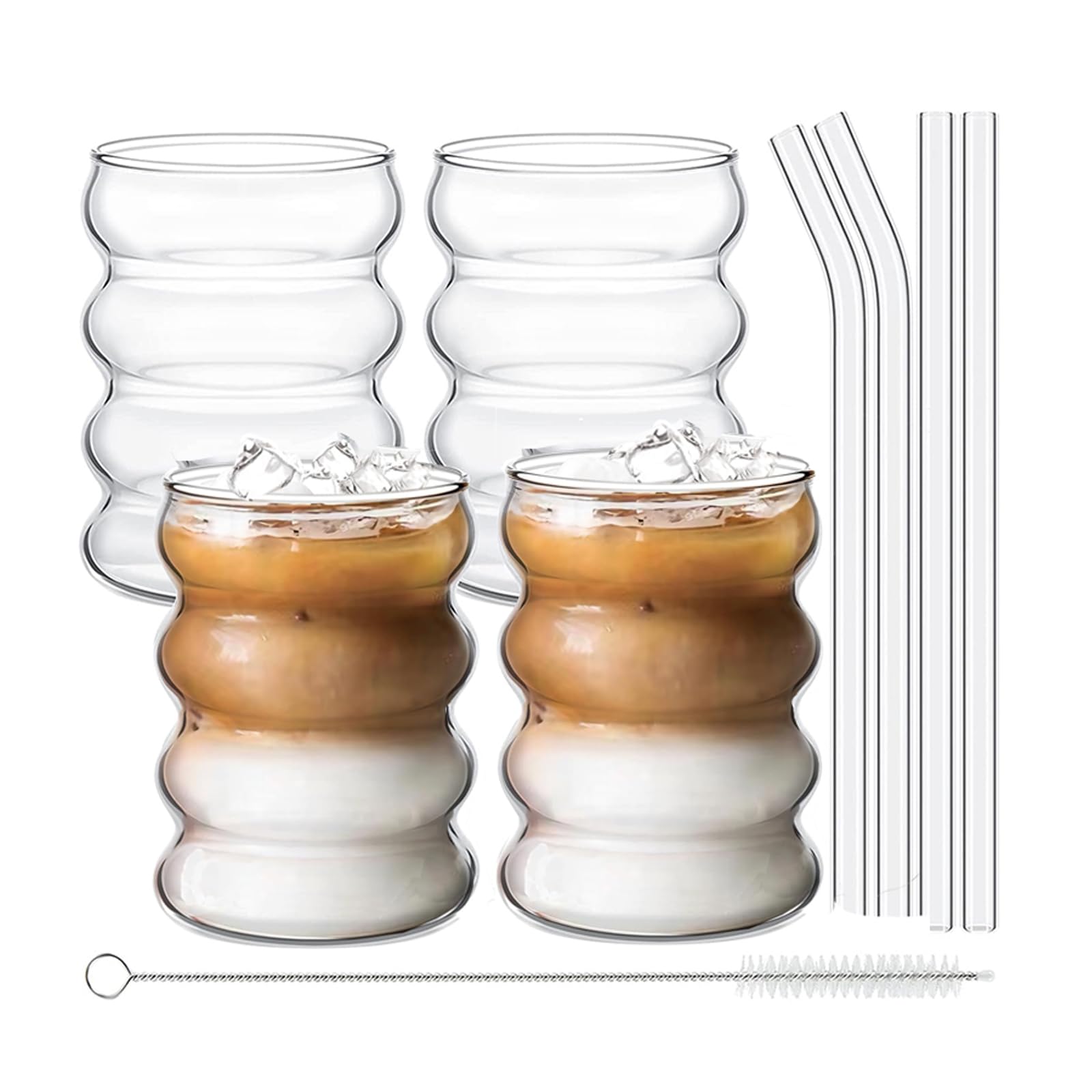 Set 4 Bicchieri In Vetro A Coste Da 590 Ml Con Coperchio E Cannuccia – Vintage Per Tè, Succhi, Frullati – ICESIP, Senza Piombo, Accatastabili