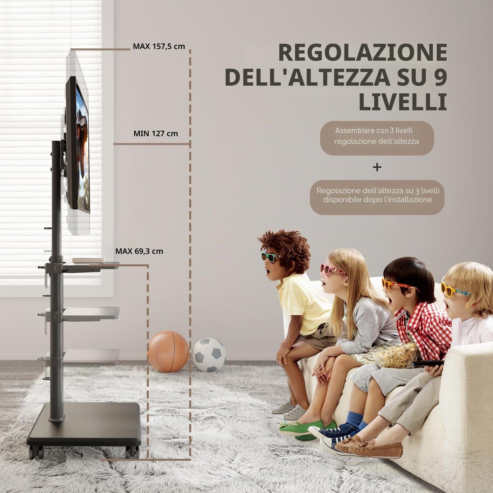 AX WABER Supporto TV da Pavimento Mobile con Ruote per TV 27-65 Pollici VESA 400x400 40 kg