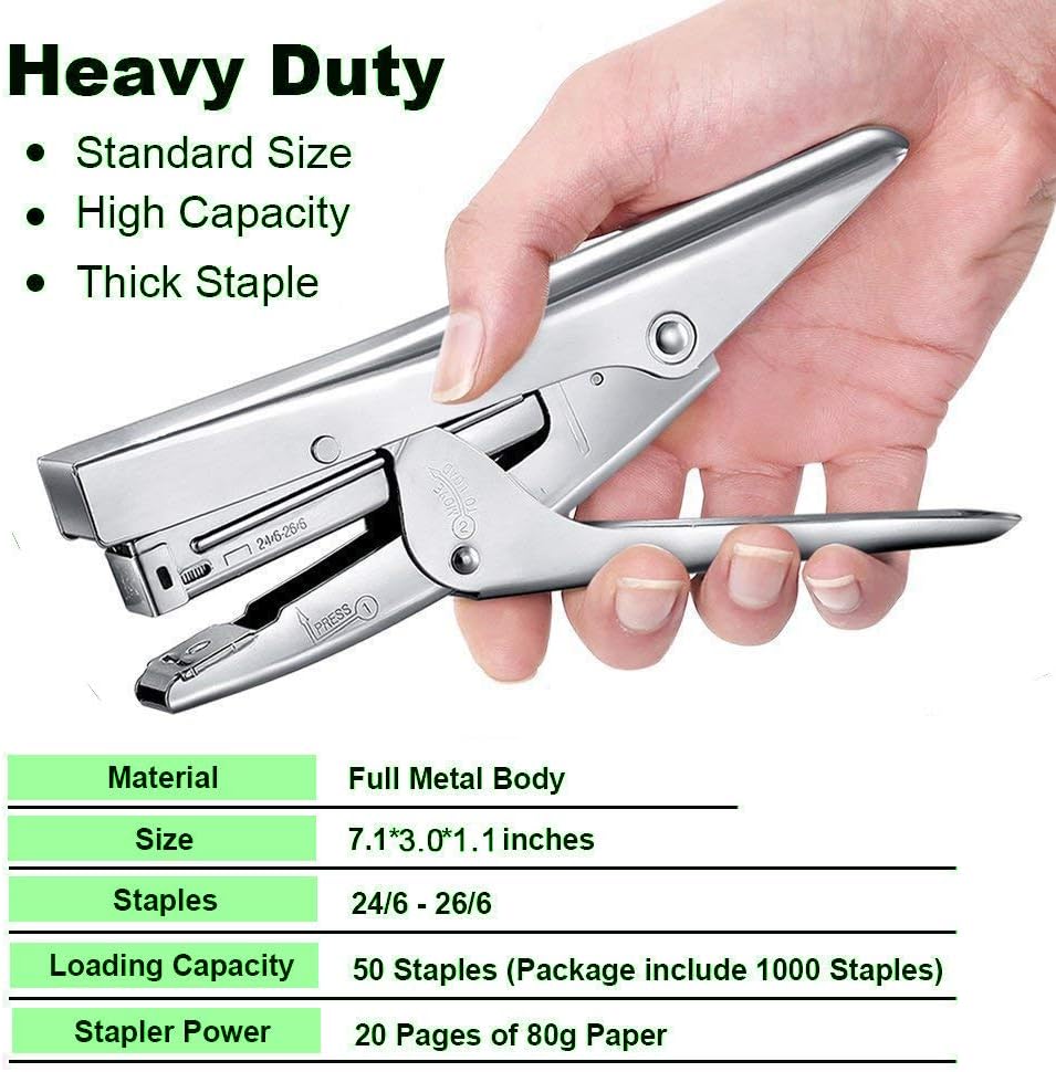 ONDY Plier Stapler Heavy Duty Office Stapler Hand Held 20-Sheet Stapler Papers Stapling Machine with 1000 Staples and Staple Remover Tool, Silver