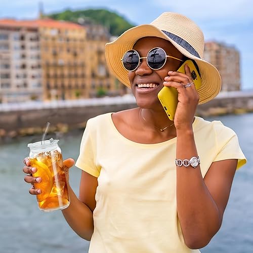 Miniatura 6 de AiHeart Juego de 12 vasos para beber con tapas y popotes de vidrio, vasos de vidrio con forma de lata de cerveza de 20 onzas, vasos de café helado,