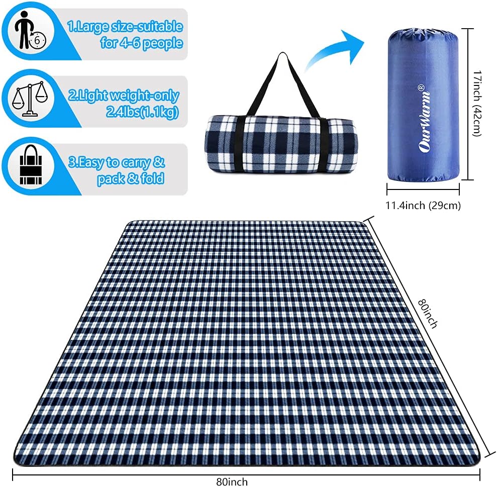 AerWo Extra Large Outdoor Picnic Blankets, Waterproof Foldable Picnic Blanket with Carrying Bags, 3 Layers Material Picnic Mat Perfect for Kids Family Friends, Beach Travel Camping Hiking, 80"x80" : Patio, Lawn & Garden
