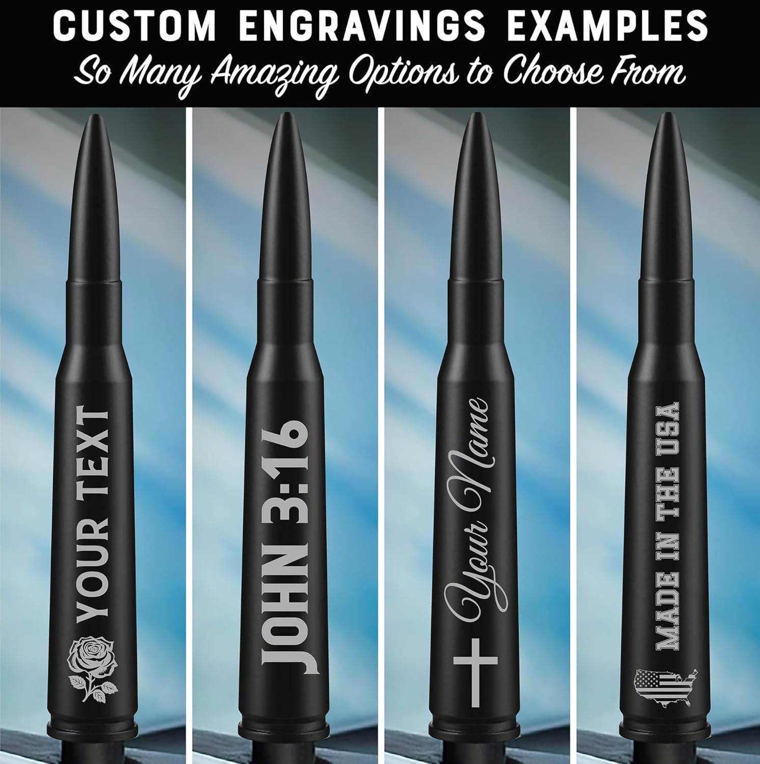 EcoAuto Badass Bullet Antenna® - Personalized Designs & Custom Engraving, Military-Grade Aluminum, Anti-Theft, Anti-Chip, for Dodge Ram & Ford F150 F250 F350 Super Duty, Ford Raptor, Bronco