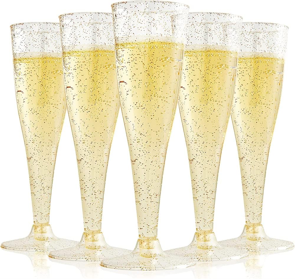 10 Pcs Plastic Champagne Flutes Disposable, 4.5oz Gold Rim Clear Plastic Toasting Glasses, Clear Plastic Cups, Plastic Champagne Glasses, Mimosa Glasses Perfect for Wedding Party, Thanksgiving Day