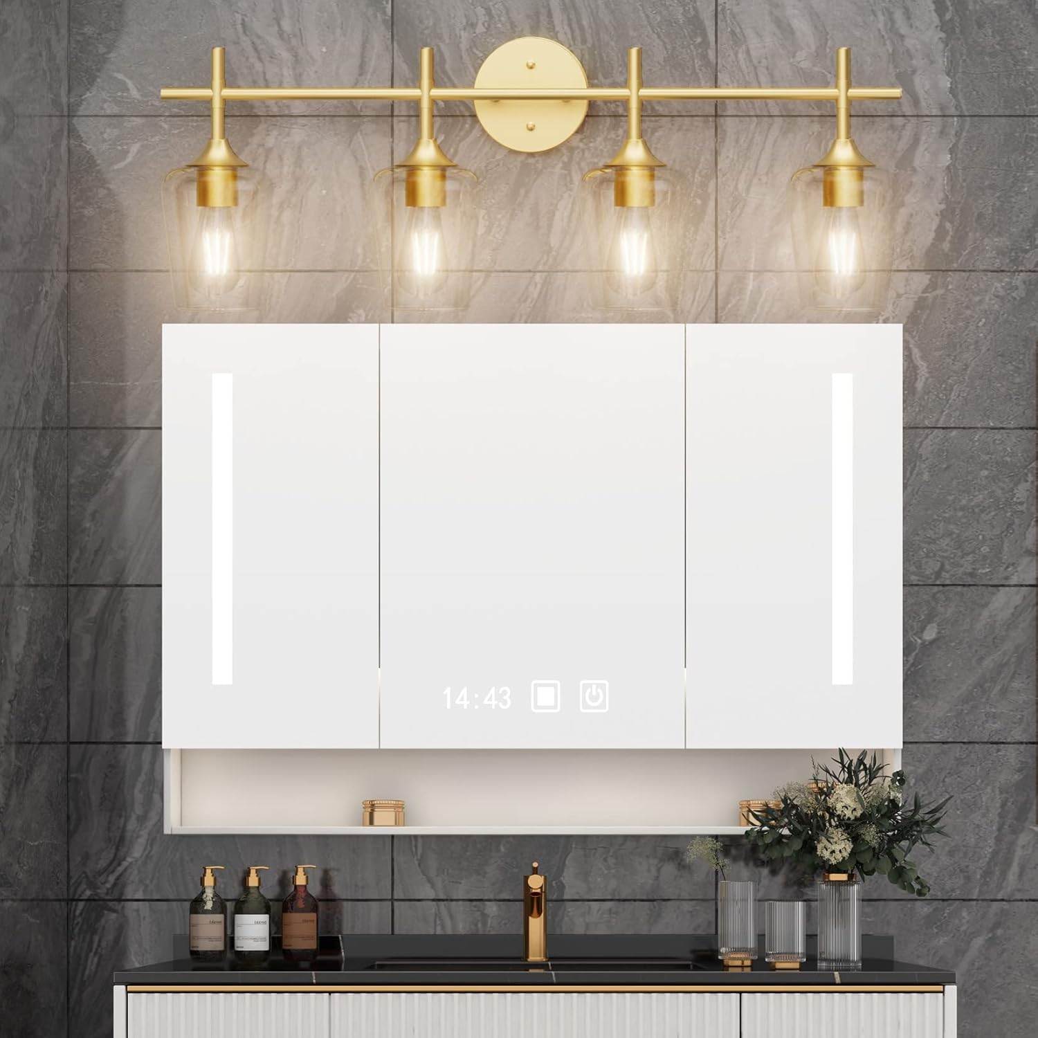 Ralbay 4-Lights Gold Vanity Light Fixture Vintage Gold Vanity Lights Wall Lighting Clear Glass Gold Bathroom Light Fixtures Over Mirror