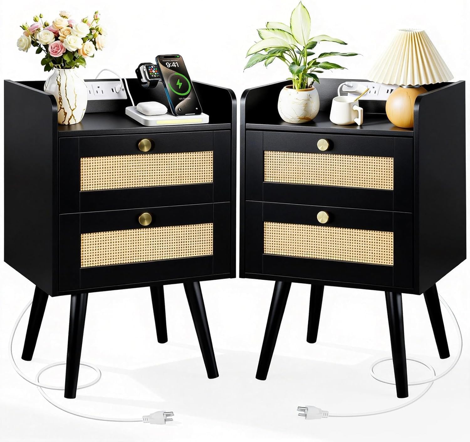 Nightstands Set of 2 with Charging Station, Modern Boho Rattan Bedside Tables with 2 Drawers, Solid Wood Legs, Open Storage End Tables for Bedroom Living Room Dorm – Black