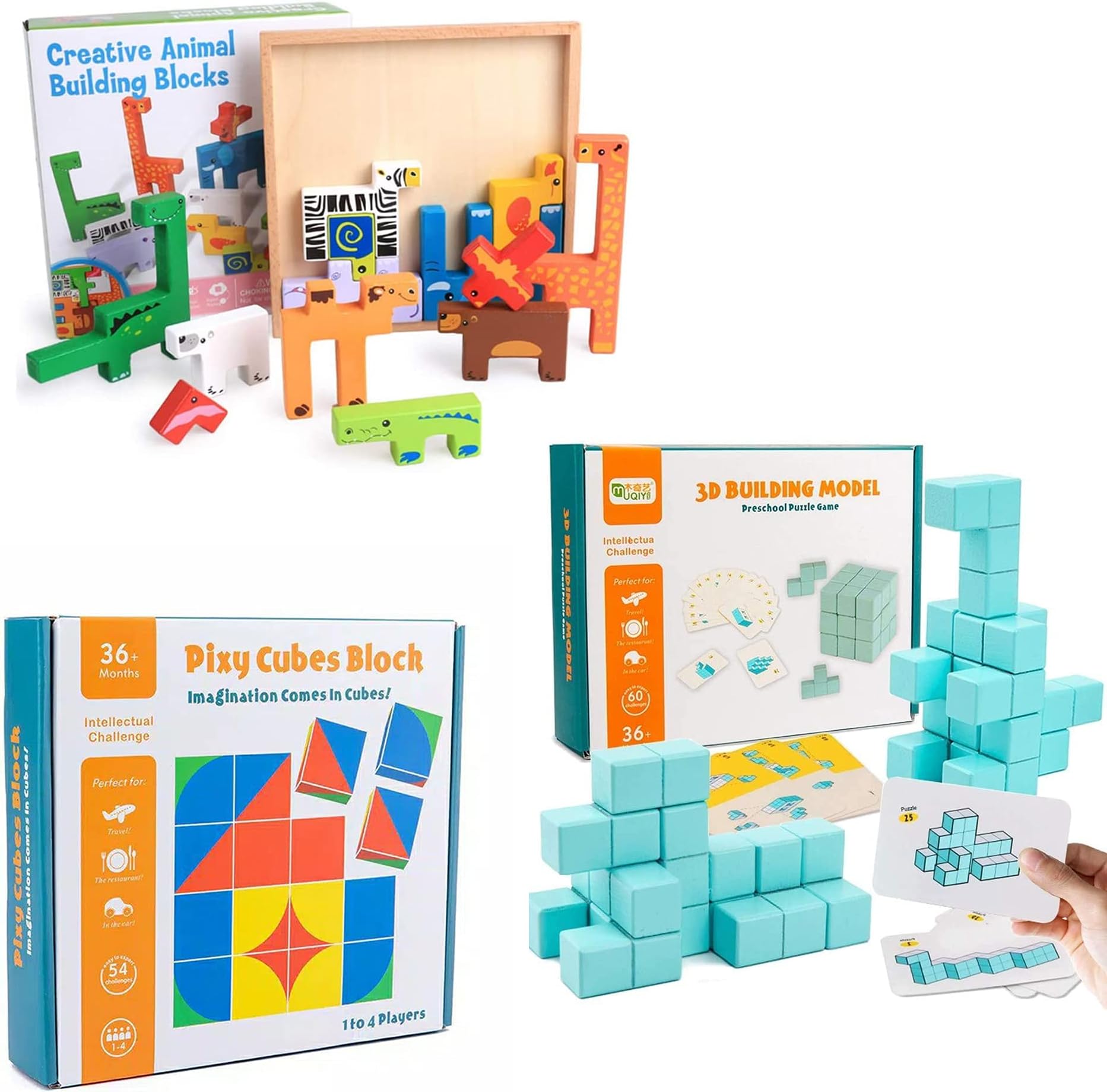 3 in 1 Spatial Thinking Intellectual Challenge Puzzle Toys: 3D Wooden Animal Jigsaw Puzzle, 16 Geometric Building Blocks Cube With Matching Cards, 3D Tetris Puzzle Brain Teaser for Children