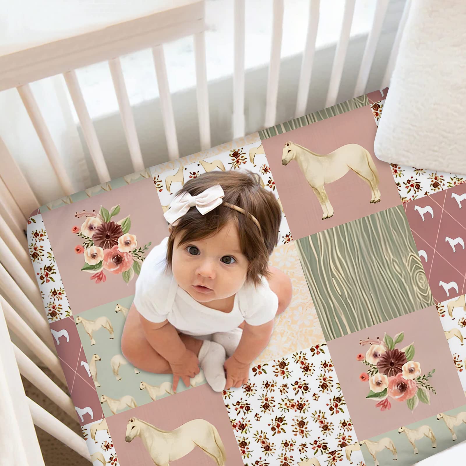 Personalized Crib Bedding Set for Baby Girls, Custom Baby Girl Crib Bedding Set with Name, Floral Horse Nursery Bedding, 2 Piece Baby Bedding Sets, Name Crib Comforter, Crib Fitted Sheets for Babies