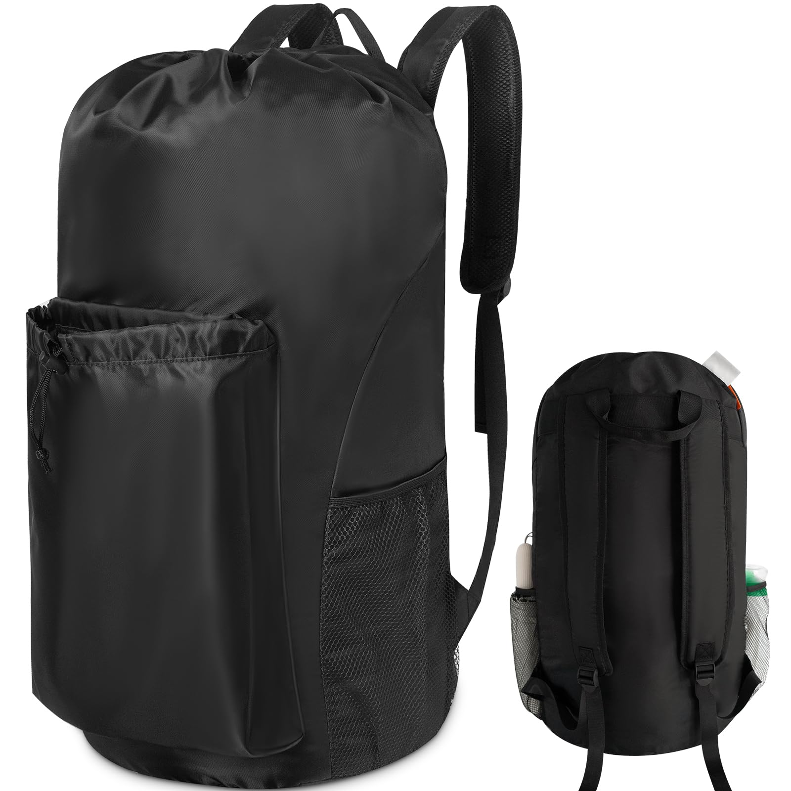 Polecasa Extra Heavy Duty Large Backpack Laundry Bag with Comfortable Padded Shoulder Straps & 4 Pockets, Sturdy & Durable Clothes Storage Bags, Hamper Drawstring bag for Dorm, College, Travel, Black