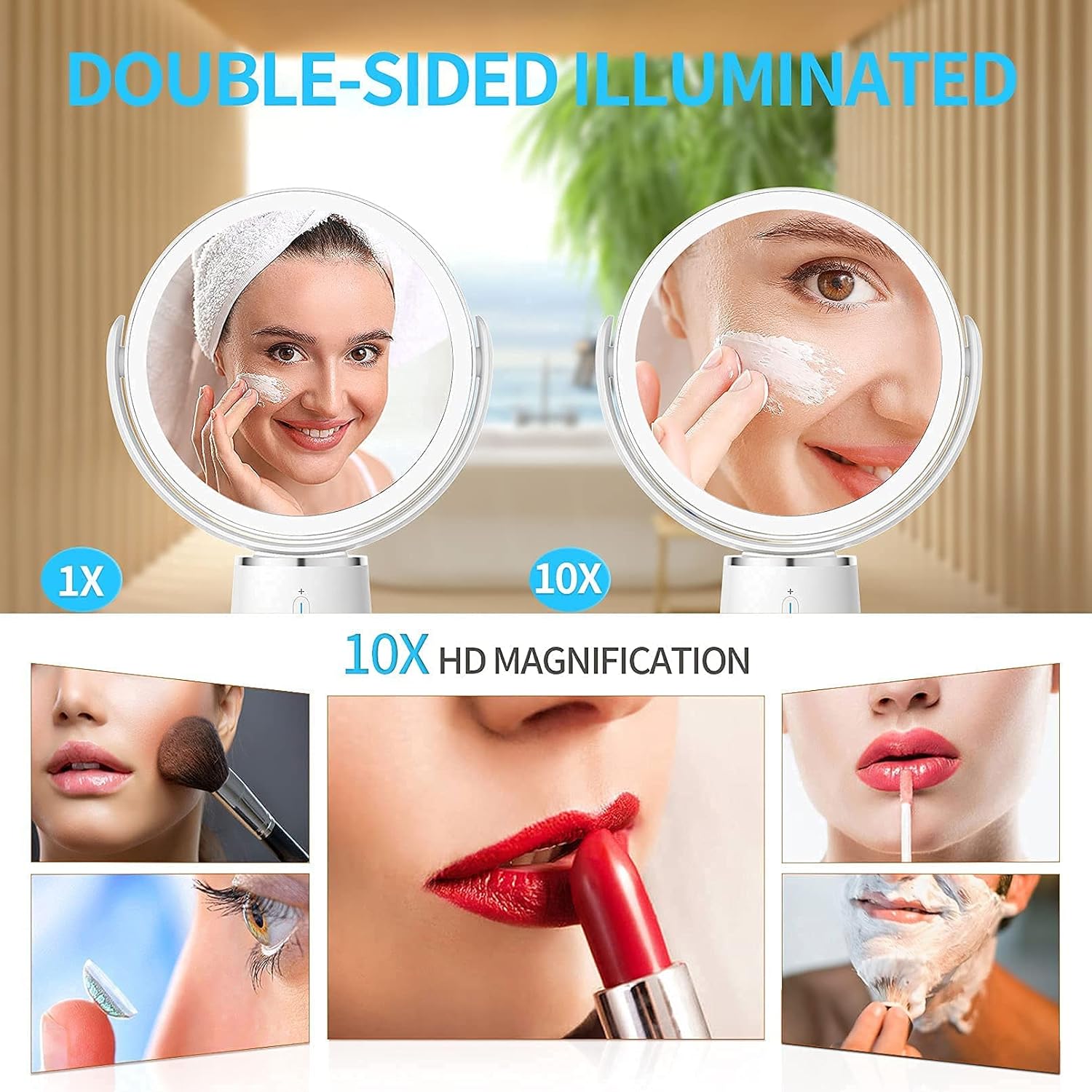 CHICLEW Lighted Makeup Mirror,Rechargeable Vanity Mirror with Lights Magnifying Mirror 10X / 1X,360°Rotatable Dimmable Cosmetic Mirror with Smart Touch Brightness Adjustable(0-1100Lux) -
