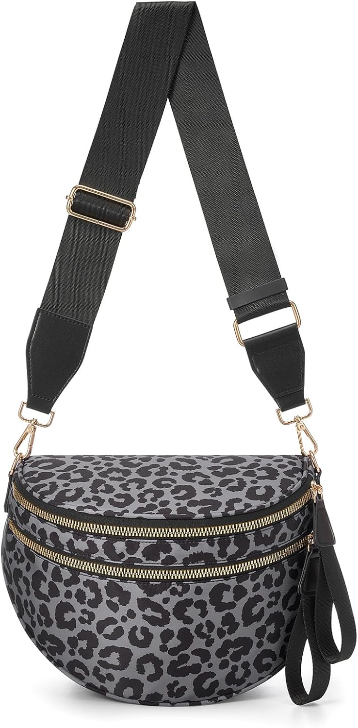 Pure Colour Crossbody Bag Bum Bag for Women,Spacious Purse Fanny Packs Belt Bag,Oversized Bum Bag (Black Grey Leopard Print Bum Bag)