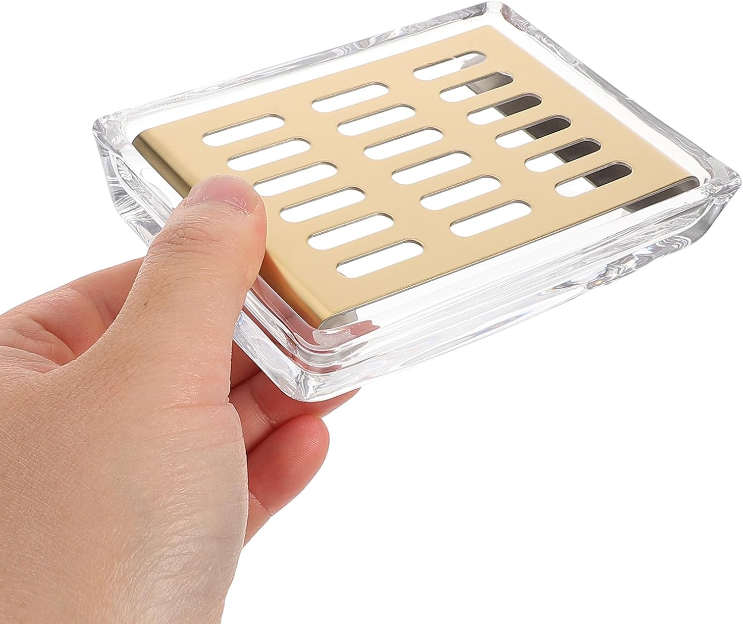 Rectangular Double Layer Glass Soap Dish with Gold Stainless Steel Drain Tray, Soap Holder for Bathroom Sink and Kitchen, Travel and Home Use