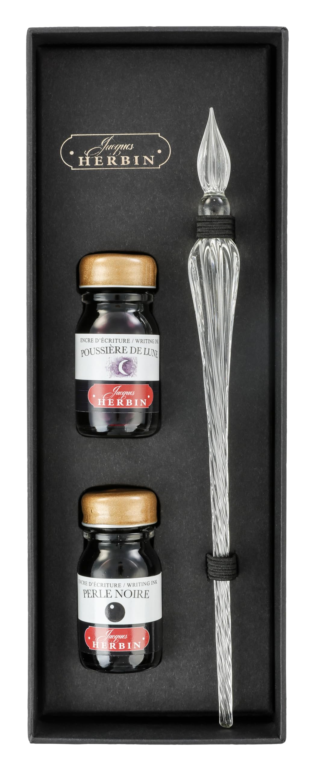 Jacques Herbin 29301T - Boxed set with 2 10-ml inks, Perle noire and Poussière de lune, and a transparent glass nib - Made in France - Calligraphy set