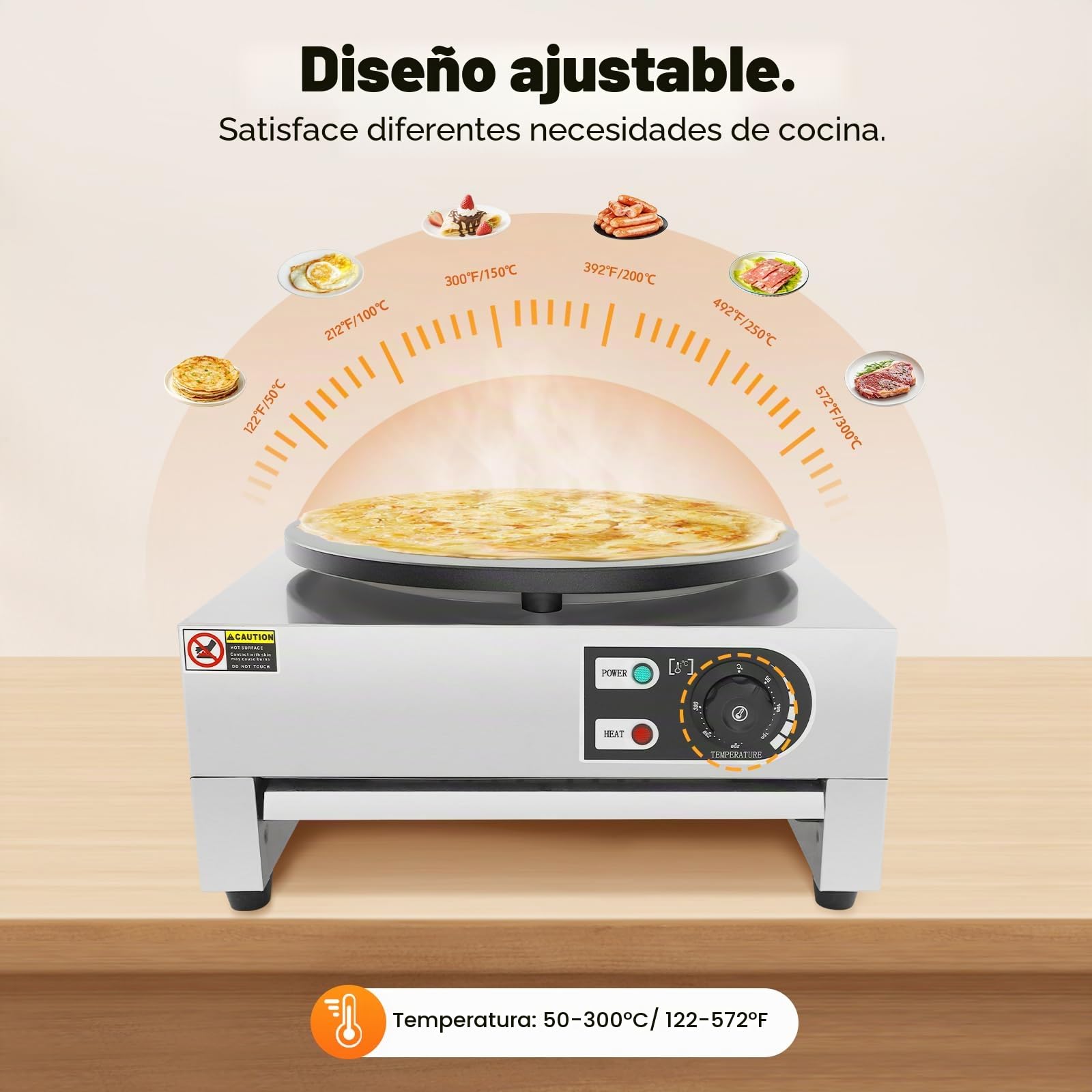Máquina eléctrica para crepes, 3000 W, profesional, antiadherente, con esparcidor de madera, sartén eléctrica para crepes para cocinas, restaurantes, cantinas, temperatura 50-300 ℃