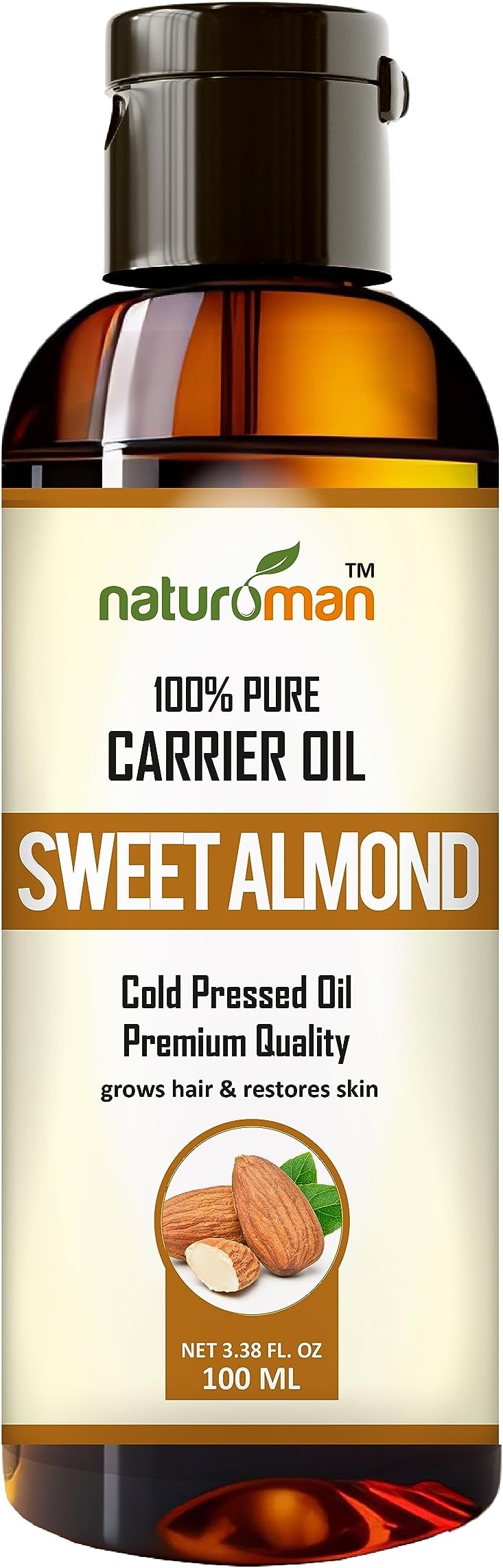 Naturoman Cold Pressed Almond Carrier Oil | Suitable for All Skin Types | Natural & Pure | For Skin, Hair, Face, Body & Massage | Pack of 1 | 100 ml