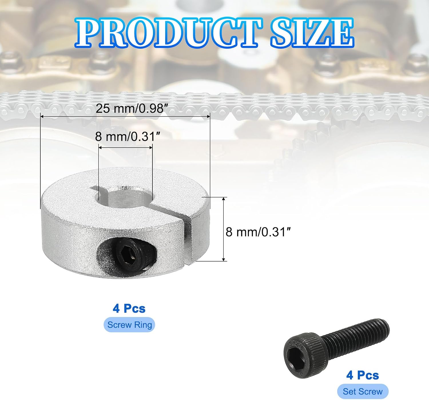 MECCANIXITY Bore 8 mm Single Split Shaft Collar 25 mm OD 8 mm Thickness Aluminum Alloy Locking Collar Clamp Style with Set Screw & Hex Wrench for Machine Tools Industry (Silver, Pack of 4)