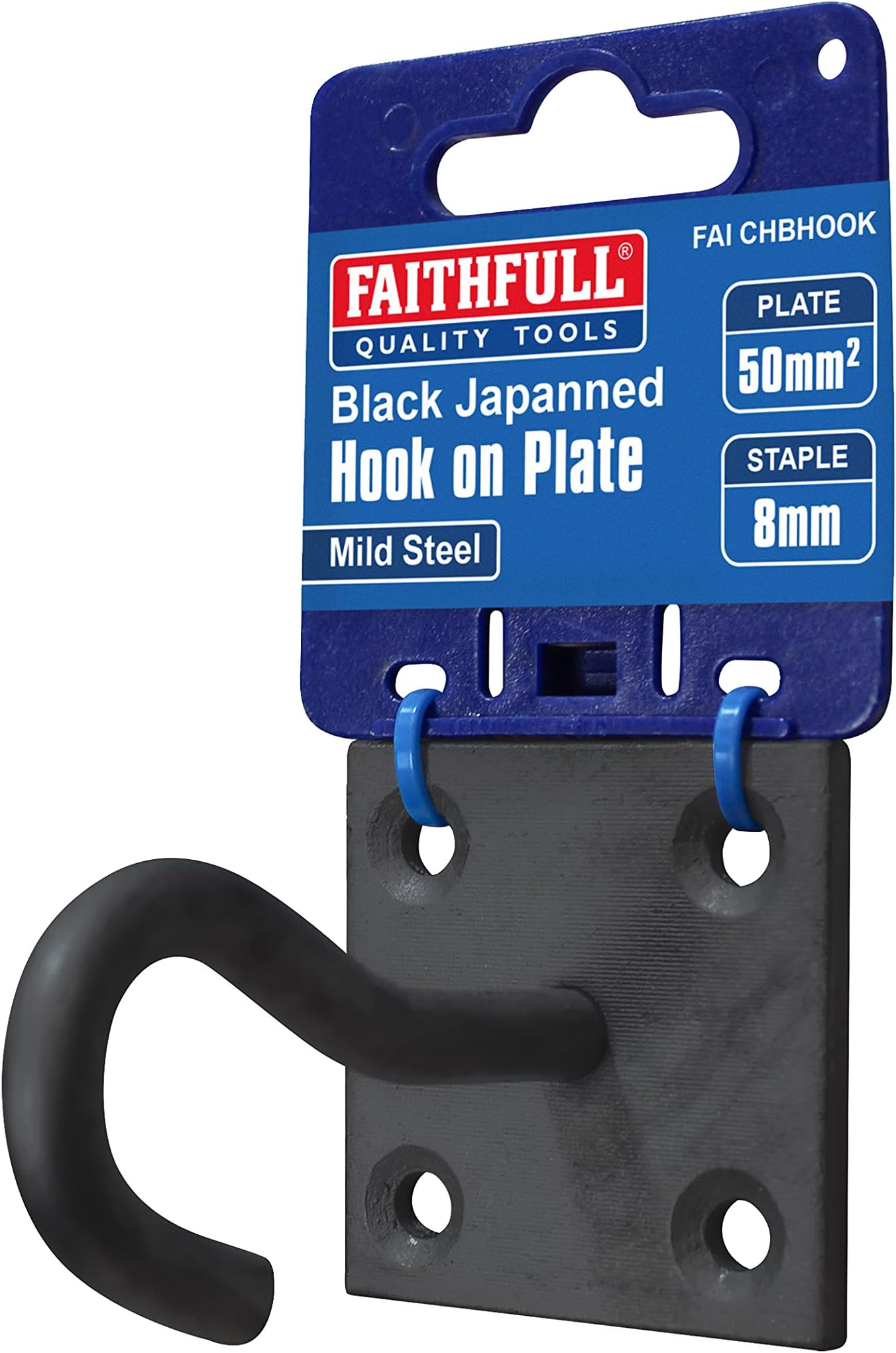 Faithfull 8mm Hook on Plate – Black Japanned Steel Wall Hanging Hook with Pre-Drilled Base (50 x 50mm) for Washing Lines, Cables, Chains & General Storage