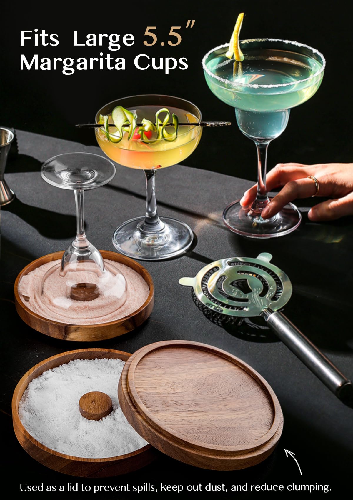 Nucookery Barra de madera de 3 niveles, juego de bordes de sal de margarita de 5.6 pulgadas, bandeja de azúcar y sal para cócteles de jugo, herramienta de fiesta de bar, caja de accesorios de barra de