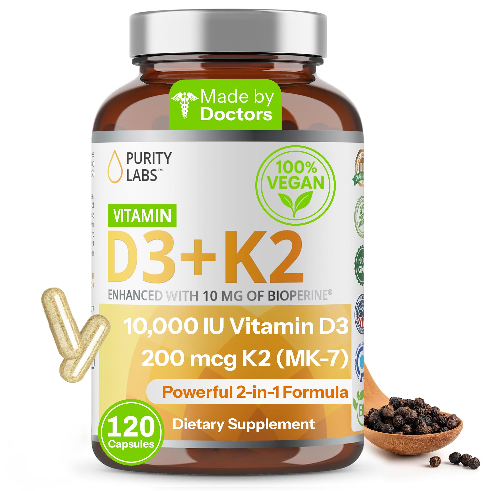 Purity Labs Vitamin D3 K2 10000 IU, (250mcg) D3 + 200mcg K2 MK7 - Immune Support Supplement Enhanced with Bioperine - Supplements for Daily Defense, Bone, Muscle & Skin Health - 120 Capsules