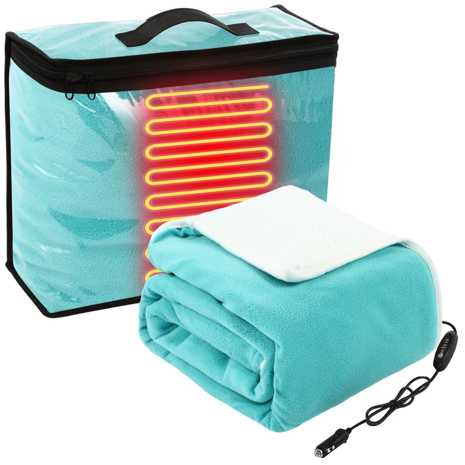 Riakrum 12v Heated Car Blanket 58" x 43", Green, Solid