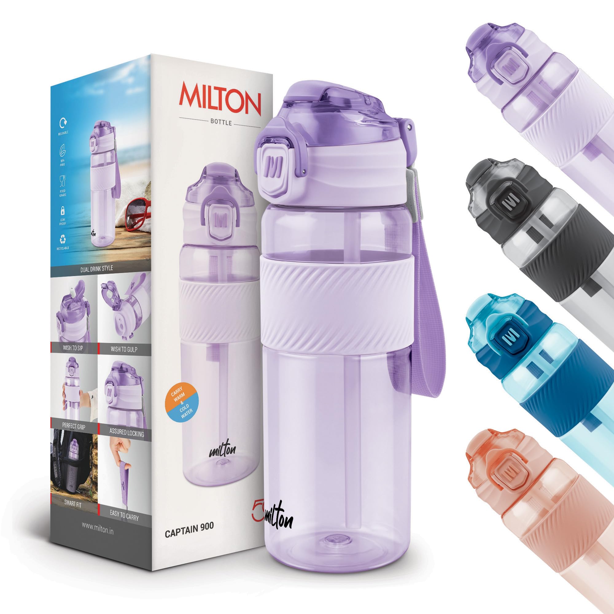 MILTON Captain Unbreakable Plastic Water Bottle 850 ml–Sip Plus Gulp,BPA-Free & Leak-Proof with Hand Strap,Ideal for Gym Workouts, Outdoor Adventures, School & Office – Durable & Convenient,Purple