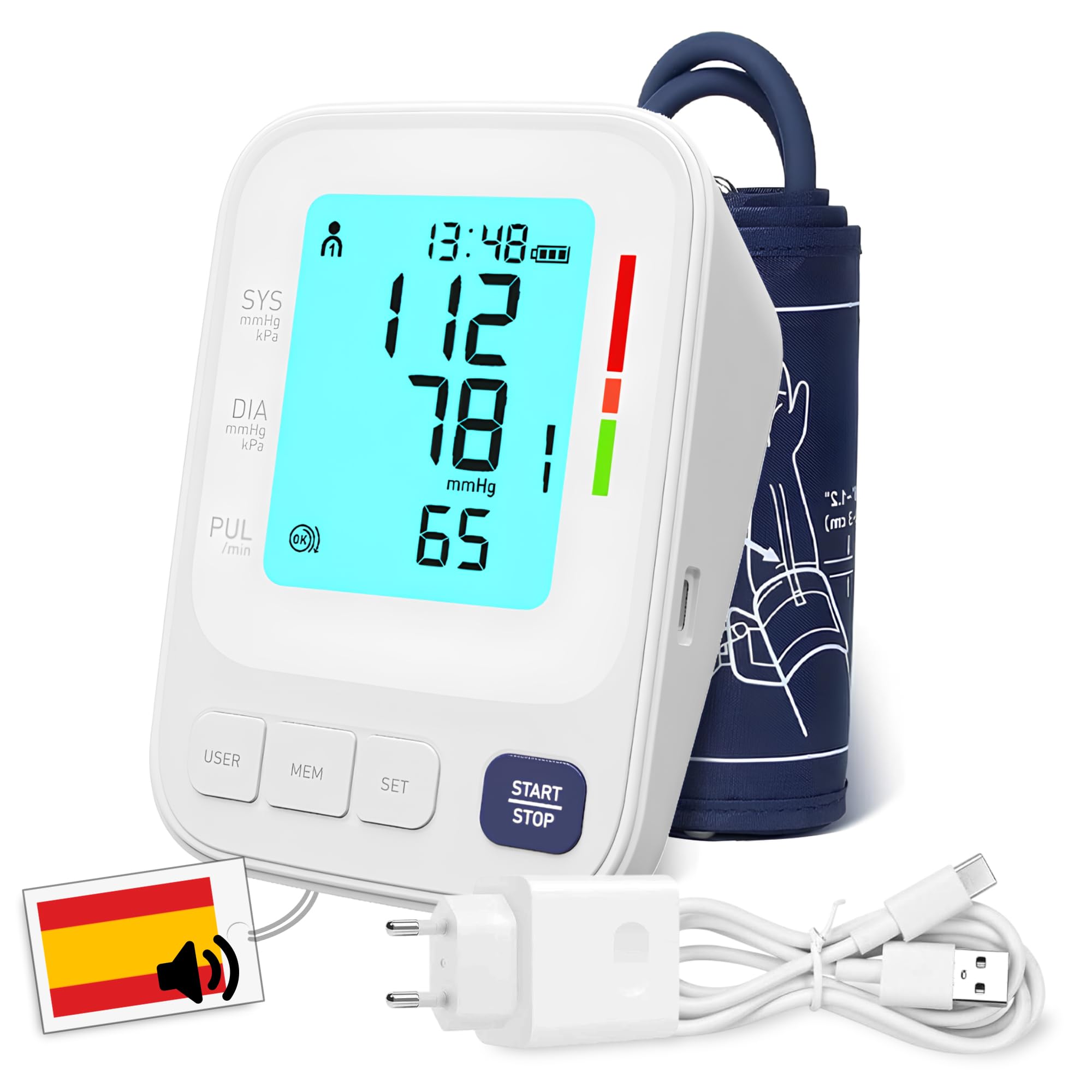 Tensiometro de Brazo Digital con VOZ en ESPAÑOL ON/OFF y Cable USB-c (Sin Batería) Medidor Tension Arterial y Frecuencia Cardíaca - Monitor de Presión Arterial con Manguito y Memoria 2x120