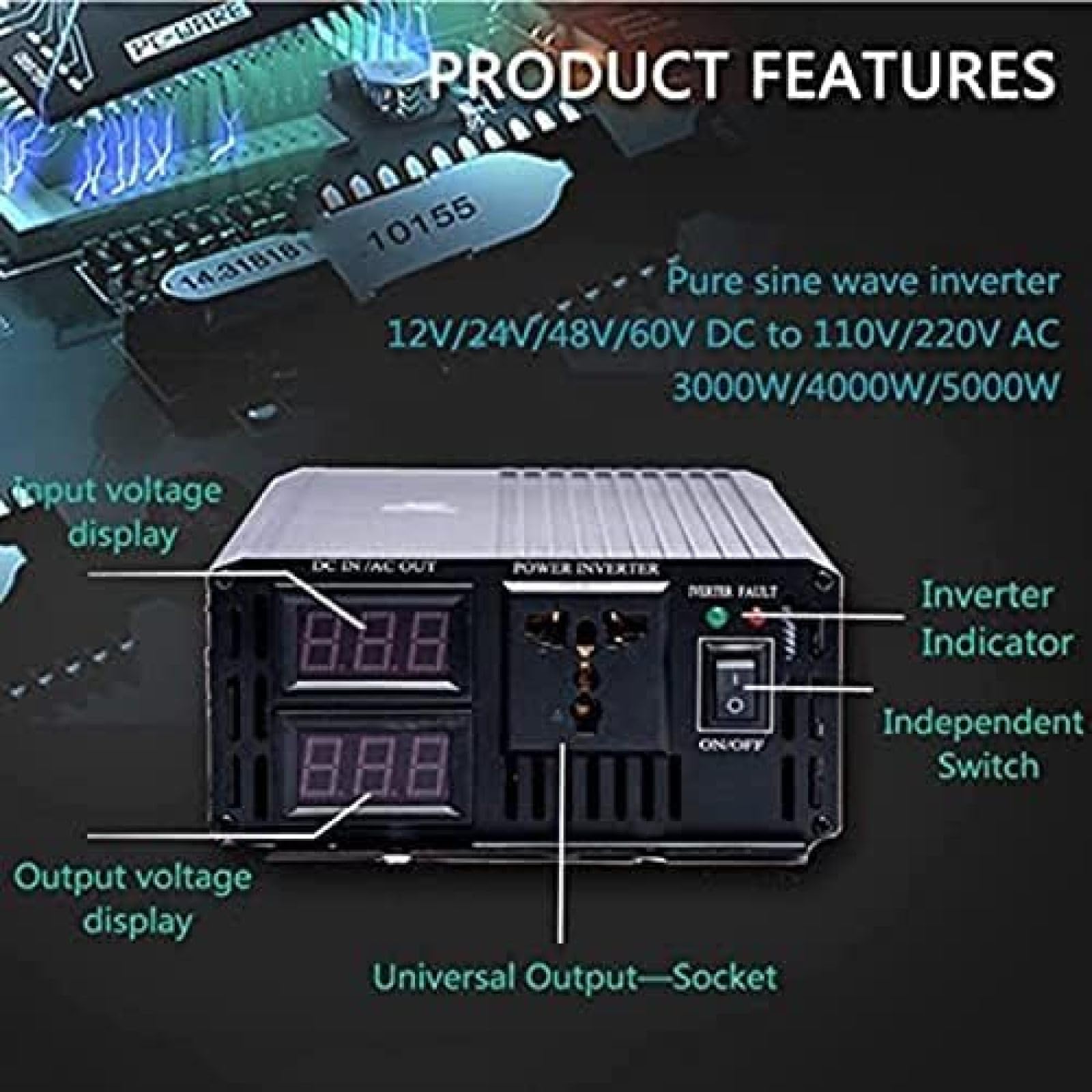 Inversor de Corriente de 12 V CC, 24 V, 48 V, 60 V a 110 V CA, 220 V, Onda sinusoidal Pura para Coche, con Pantalla Digital Dual, Panel Solar y Pantalla LCD, 3000 W, 12 V, 220 V