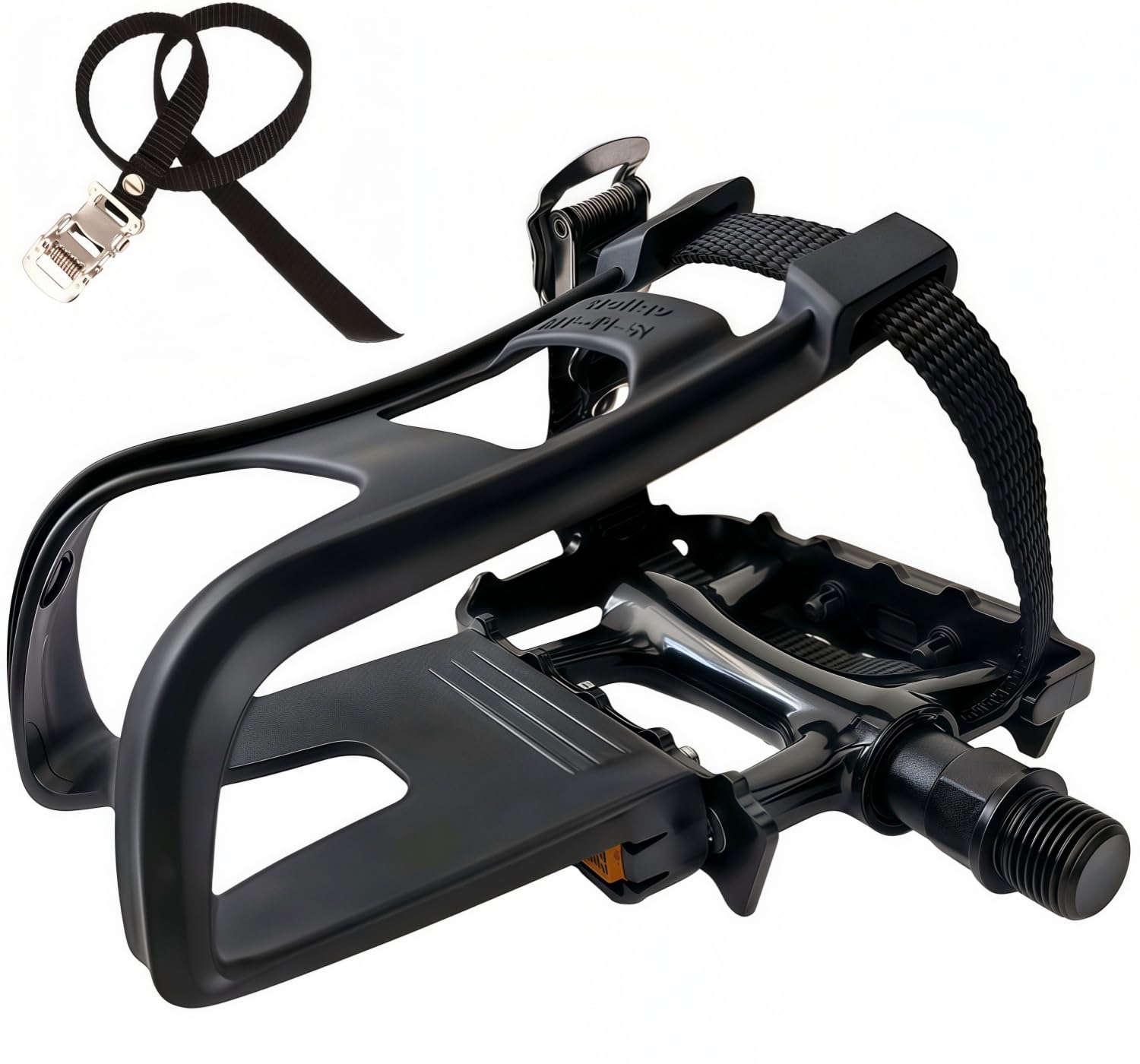 YBEKI All-Terrain Bicycle Pedals with Toe Clips & Adjustable Foot Straps - Dual-Purpose Resin/Alloy Hybrid - 9/16" (14.3mm) Spindle - For Indoor/Outdoor, Spinning, Road Bike & Mountain Bike (Black)