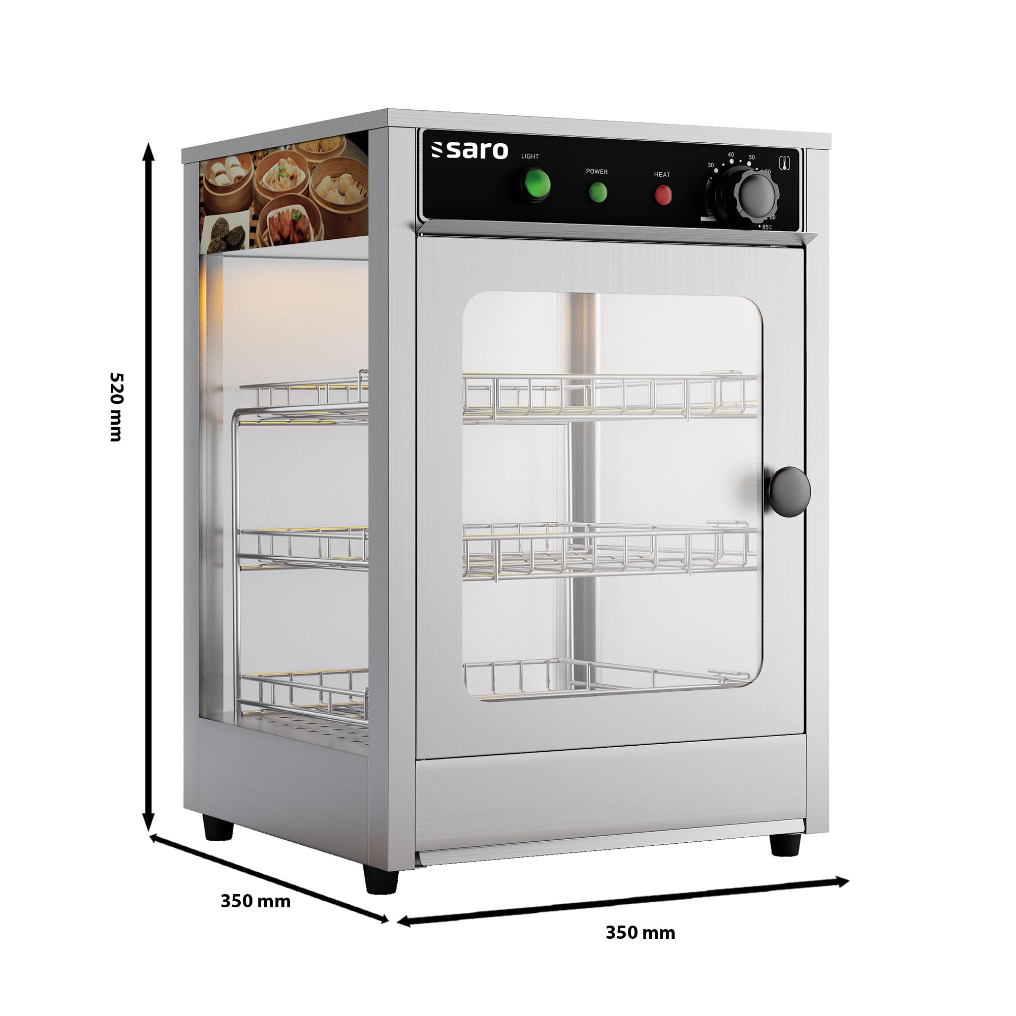 SARO FIONA - Vetrina da banco riscaldata, da 43 l, 350 x 350 x 520 mm (l x P x H), con 3 griglie cromate, illuminazione interna, temperatura regolabile manualmente 30-85 °C, corpo in acciaio inox