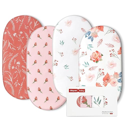 Gllquen Baby Paquete de 4 sábanas de moisés, transpirable y acogedora, sábana bajera elástica para cuna de viaje, patrón floral de moda, sábanas