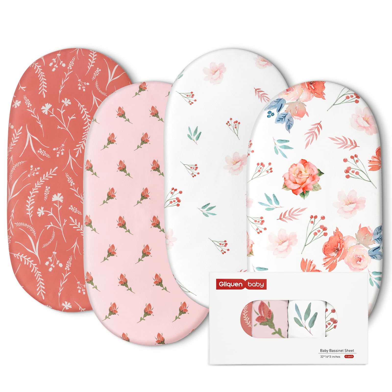 Gllquen Baby Bassinet Sheets 4 Pack, Breathable Cozy Fitted Mattress Sheet, Elastic Travel Crib Fashionable Floral Pattern, Standard Cradle Safe