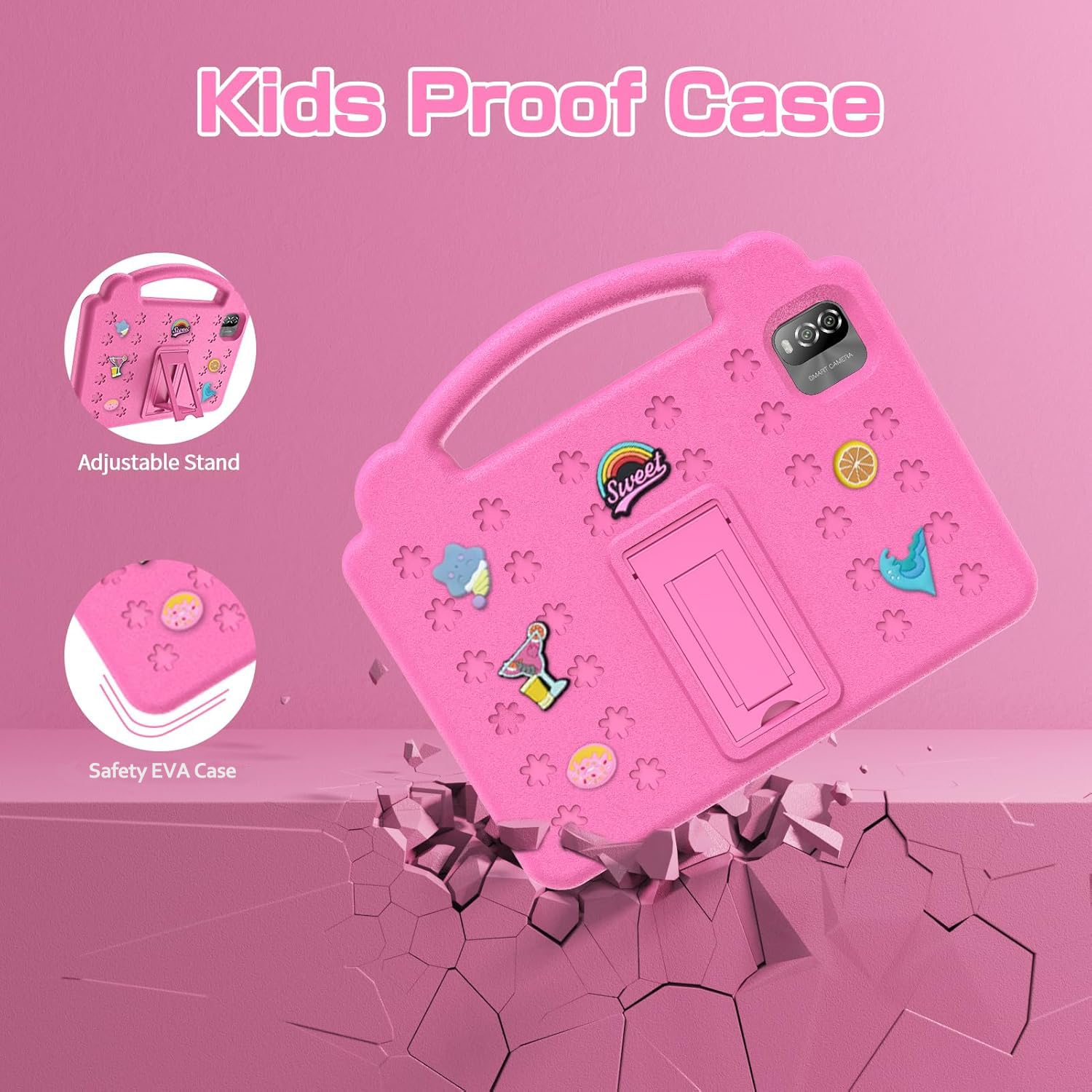 Tablet per bambini da 10,1 pollici, Android 15 tablet con custodia, 64 GB Pad per bambini dai 3 ai 15 anni, 6000 mAh, WiFi, Bluetooth, doppia fotocamera, educazione, giochi, controllo