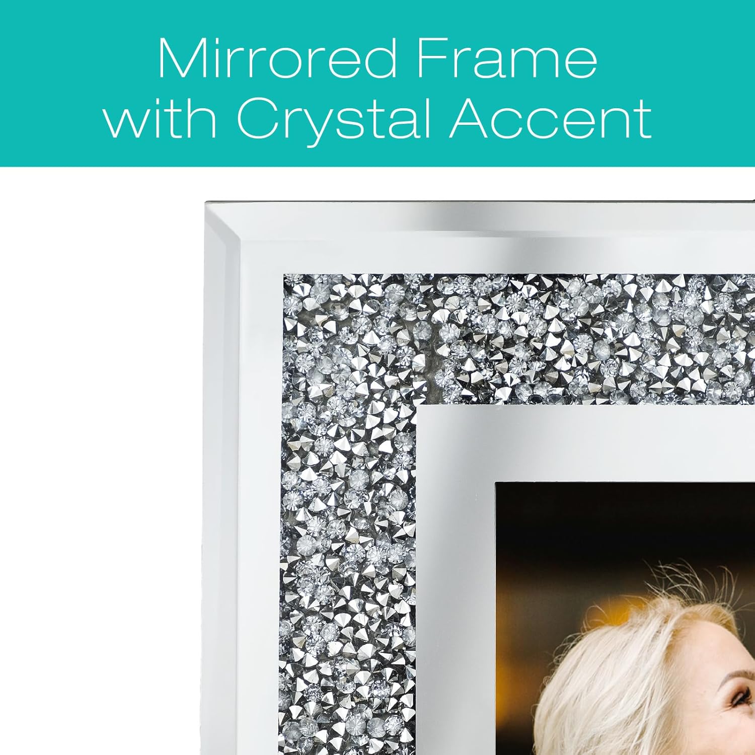 EXCELLO GLOBAL PRODUCTS Decorative Picture Frame 5"x7" Photo Holder Glass Mirror with Sparkling Crystal Boarder. Use Standing with Included Easel or Ready to Hang.
