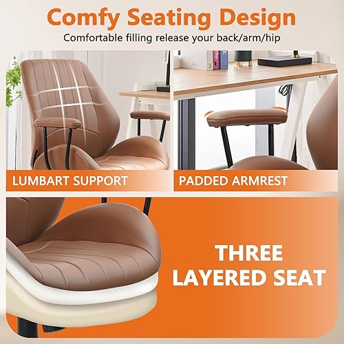 Miniatura 5 de CLATINA Silla de oficina de cuero marrón con ruedas y brazos, silla ergonómica de escritorio para el hogar con soporte lumbar, sillas de trabajo