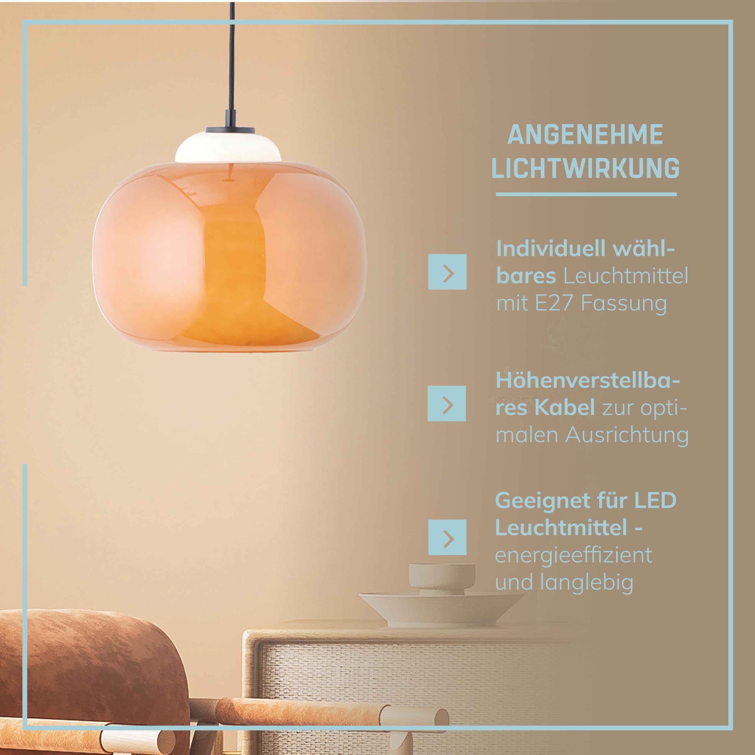 Lightbox Hängelampe Glas orange - mundgeblasene Pendelleuchte höhenverstellbar Ø 30 cm - Retro Esstisch Lampe mit Textilkabel - E27 (max .60 W), exkl. LED