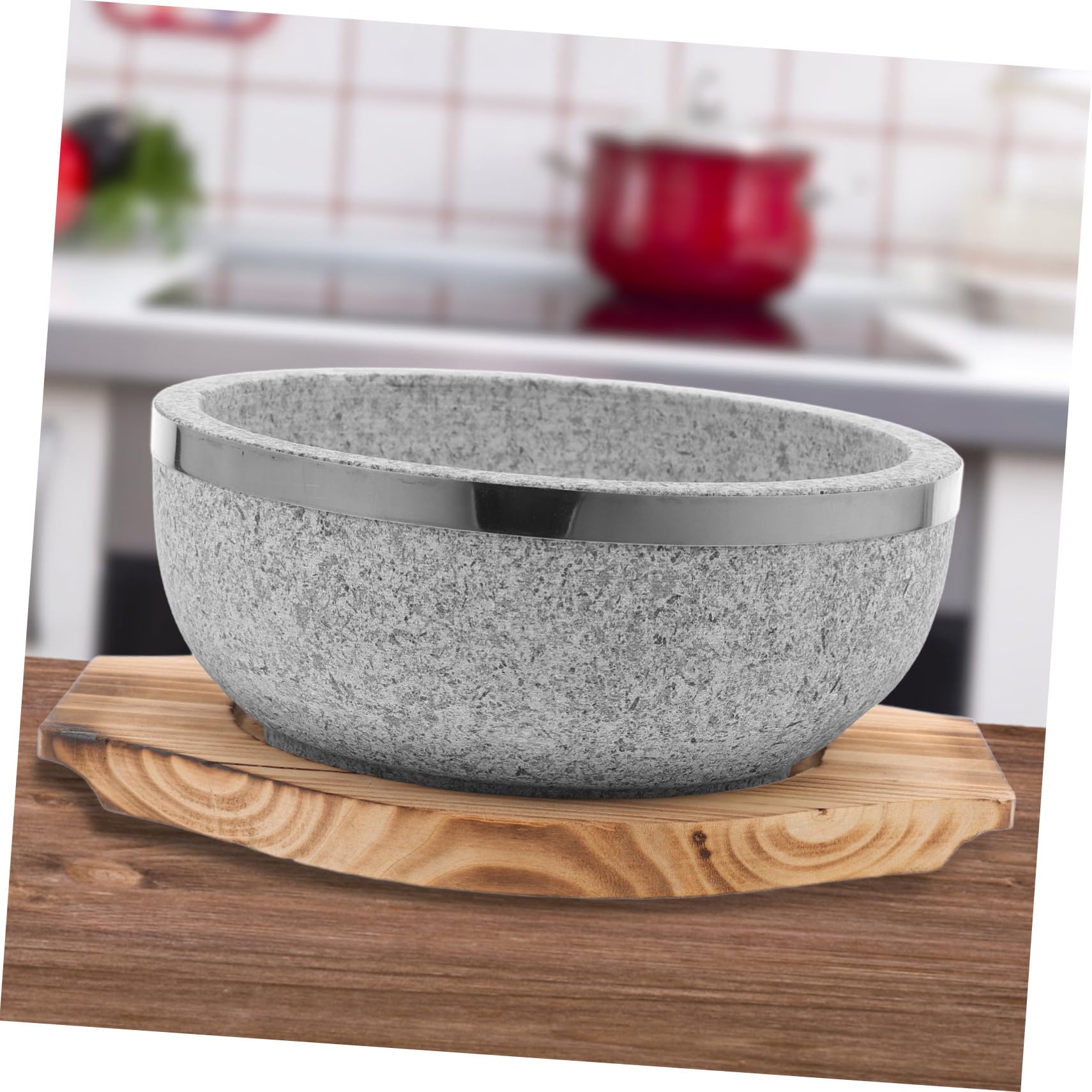 Naturalny Kamienny Garnuszek Do Koreańskiej Kuchni Bibimbap z Drewnianą Podstawką Odporny Wysoką Temperaturę bez Powłoki Idealny Do Gotowania i Serwowania Domu