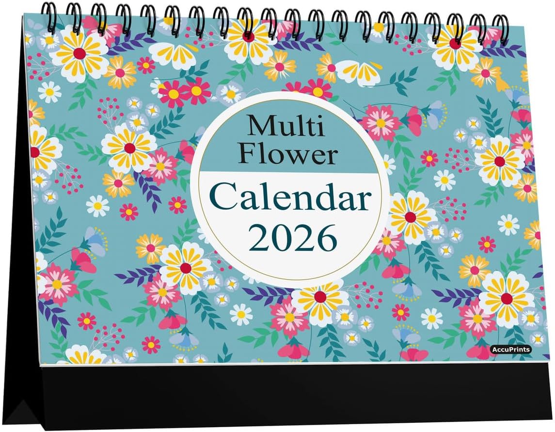 AccuPrints® l 2026 l Floral Desk Calendar l 12 Months l Includes Note and To.Do. Section l 250 GSM l Planning, Tracking & Scheduling l Black Wire.