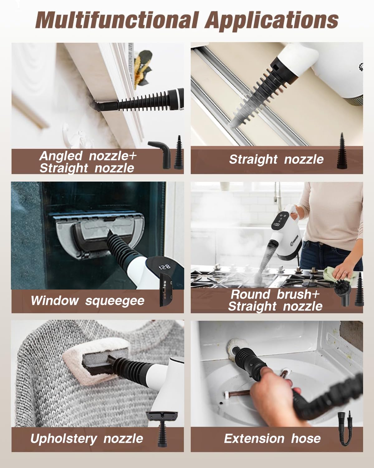 handheld steamer with angled nozzle for window track cleaning