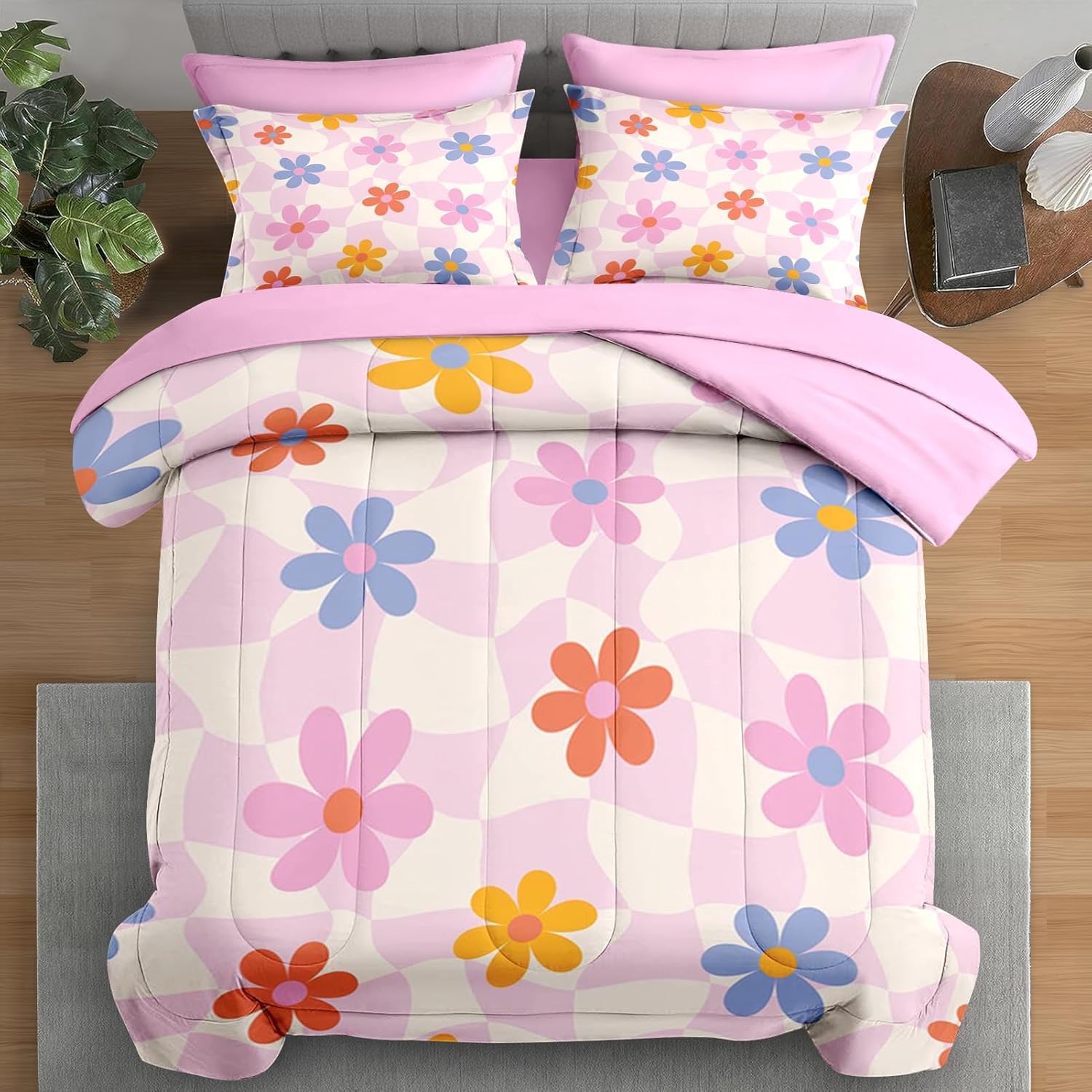 Comforter Set Full Size, Retro Daisy Pink 7 Pcs Bedding for Kids and Adults, Hippie Aesthetic Kids Bed Sheet Sets with Fitted Sheet 2 Pillowcases & 2 Shams for Bedroom Bed Decor Full Colorful Daisy
