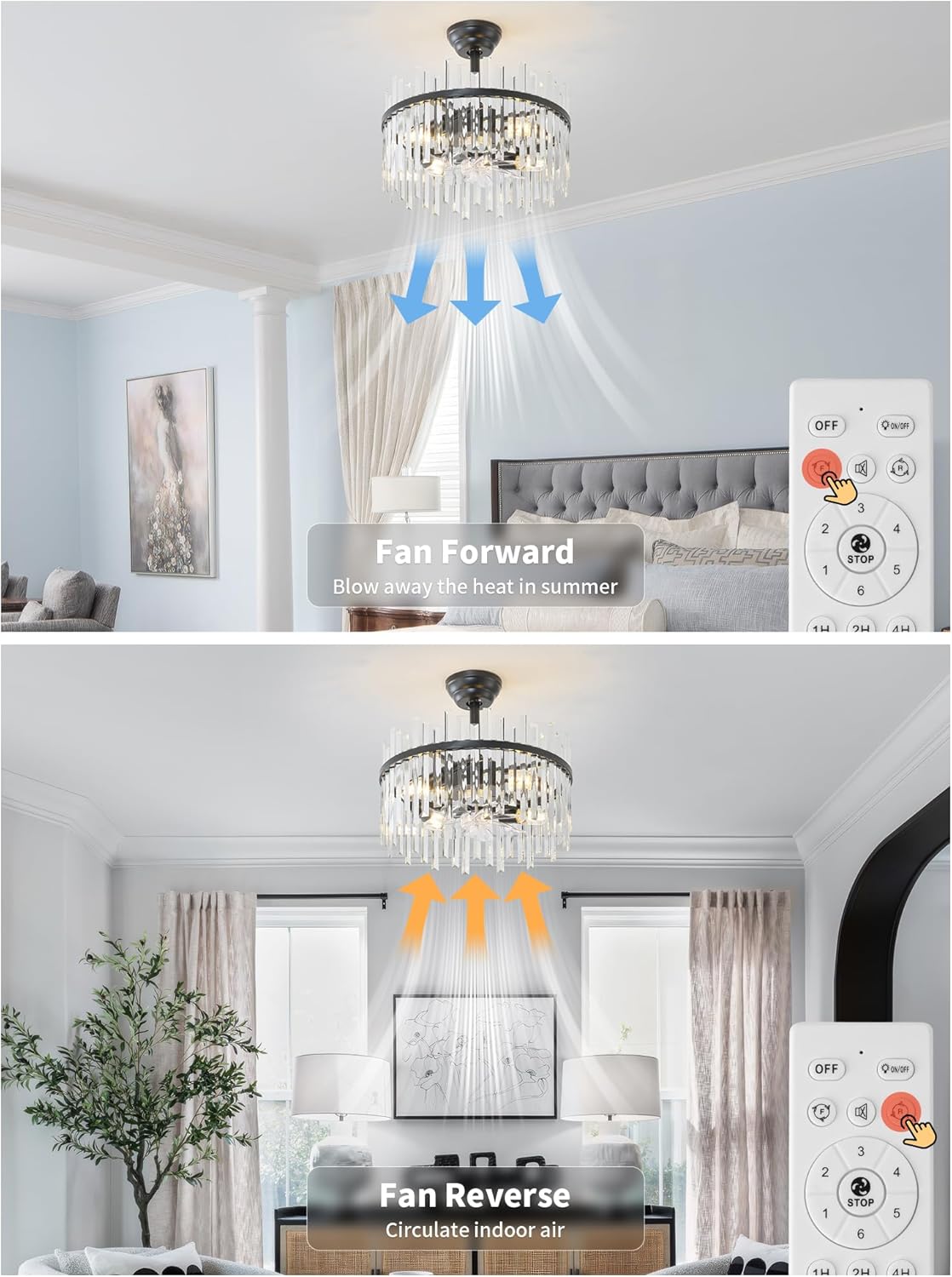 20" Black Crystal Fandelier Ceiling Fans with Lights, Crystal Chandelier Ceiling Fans with Lights Remote Control, Caged Modern with 6 Speeds for Bedroom, Living Room, Nursery