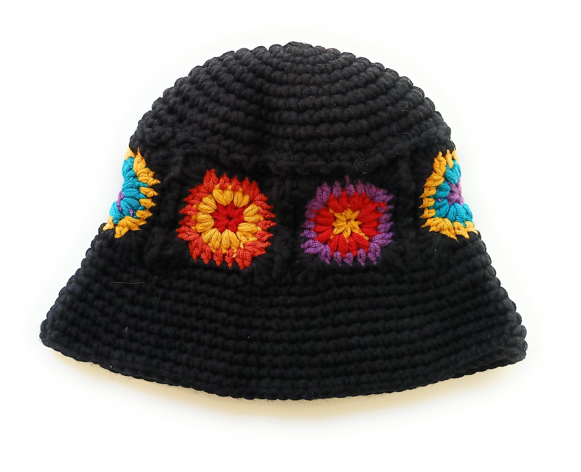 KGM Hand Crafted Knitted Crochet Bucket Hat - Festival Holiday Travel Summer Winter Hats (Black Flower)