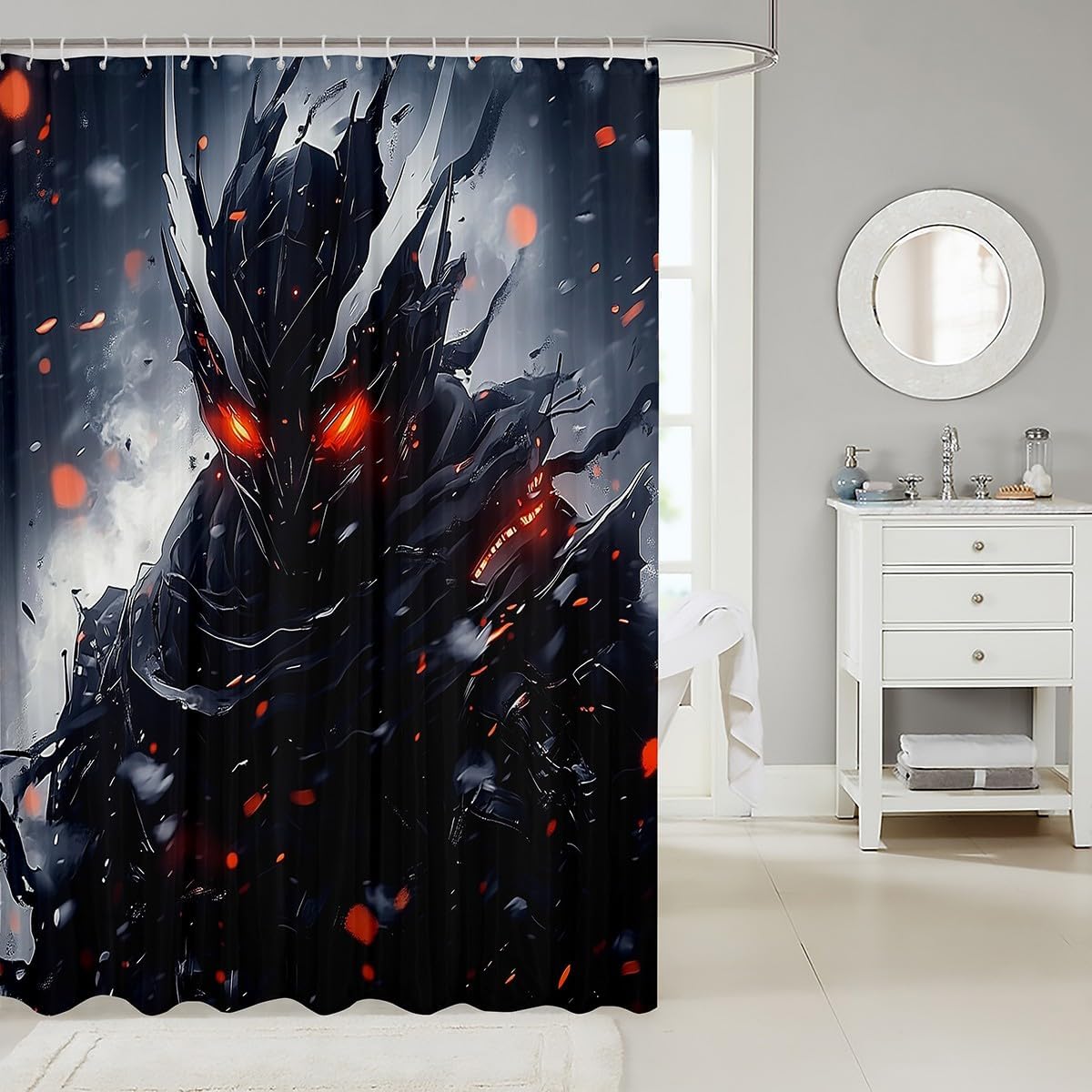 Erosebridal 3D Samurai Waterproof Bathroom Curtain for Boys Men Japanese Style Bath Curtain, Black and Grey Shower Curtain Anime Theme Bathroom Curtains, Gray Ombre Tie Dye Watercolor Shower Set