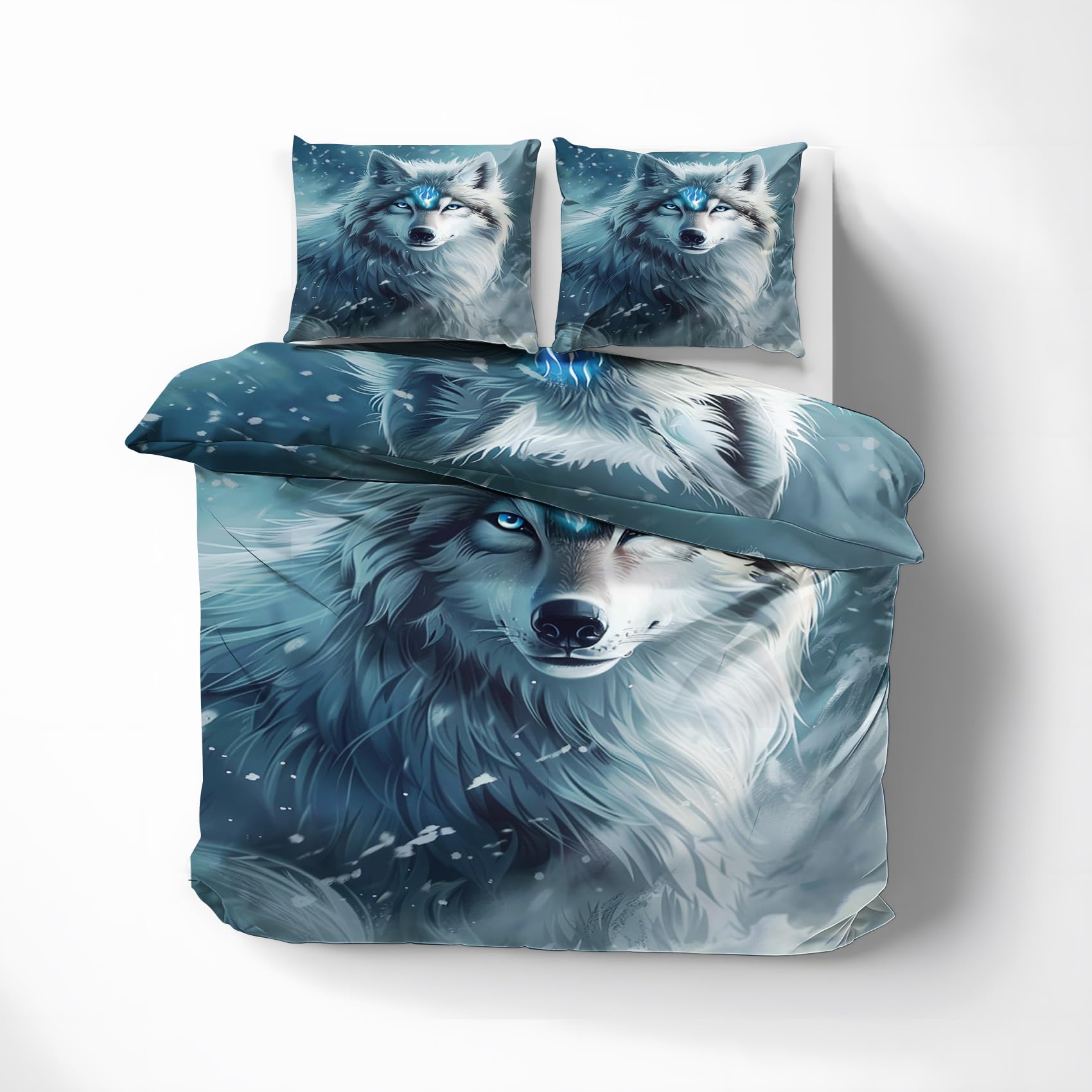 Housse de couette 200x200 loup et parure de lit 2 personnes en microfibre imprimée